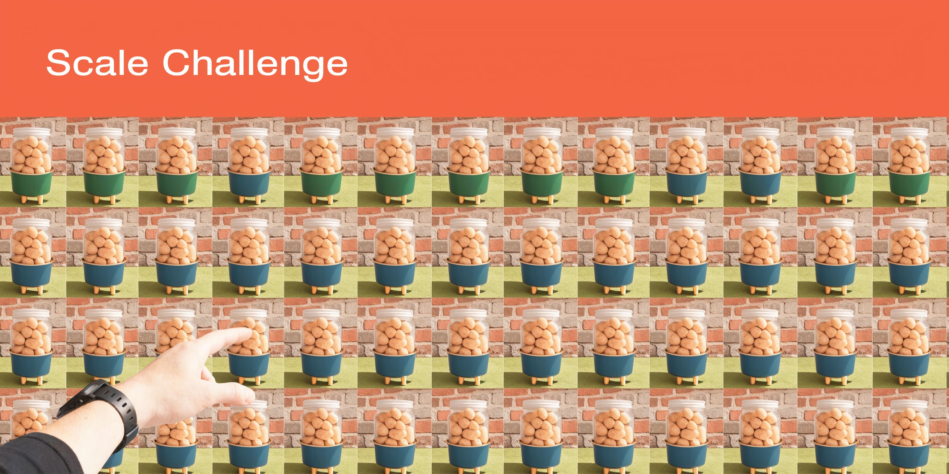 A hand pointing at a pattern of glass jars filled with potatoes on a brick background.