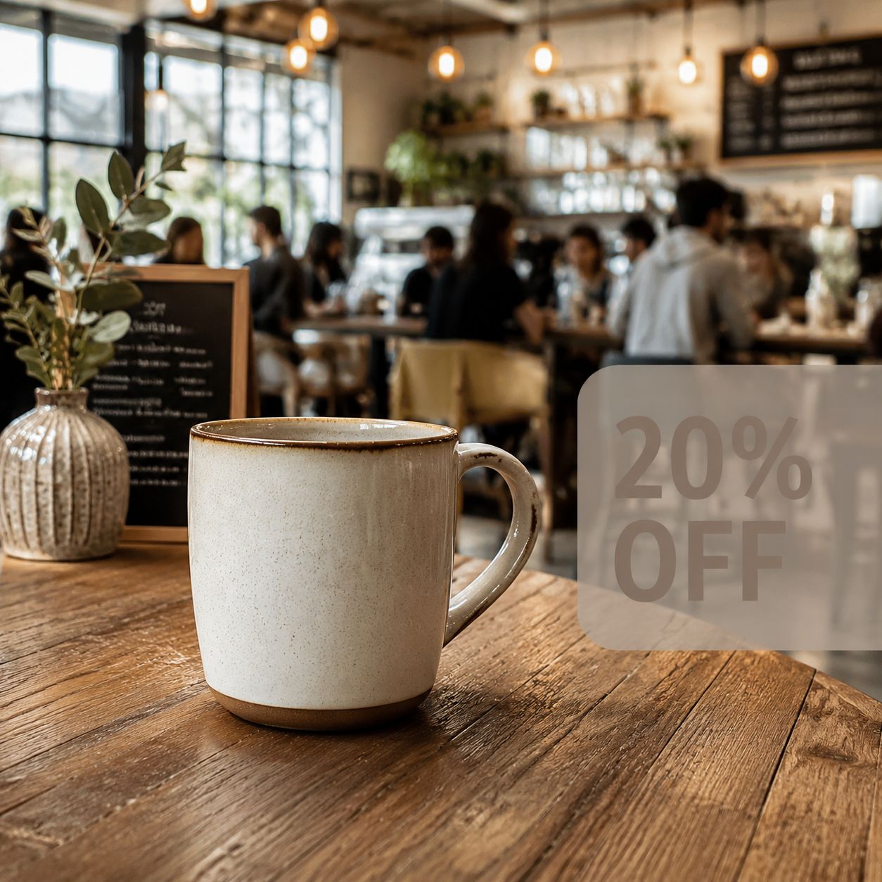 A ceramic coffee mug sits on a rustic wooden table in a cozy, blurred cafe setting.