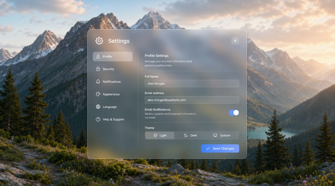 A settings menu with a glassmorphism effect displayed over a beautiful mountain landscape desktop wallpaper background.