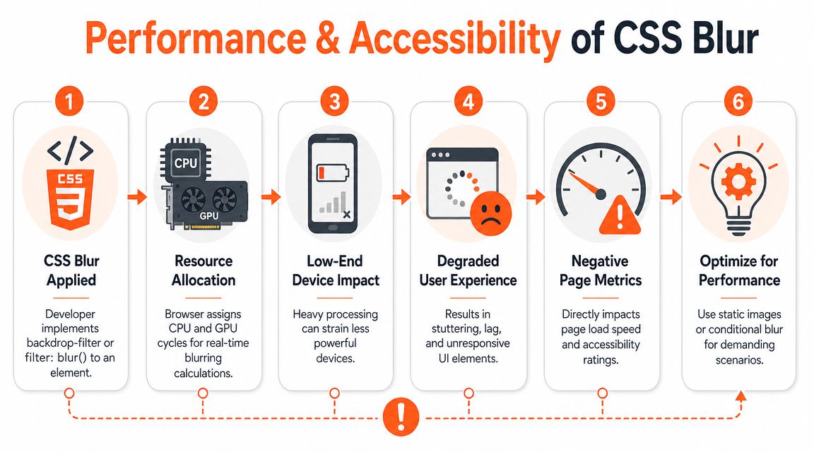 A six-step infographic illustrating the performance and accessibility impact of using CSS blur effects on websites.