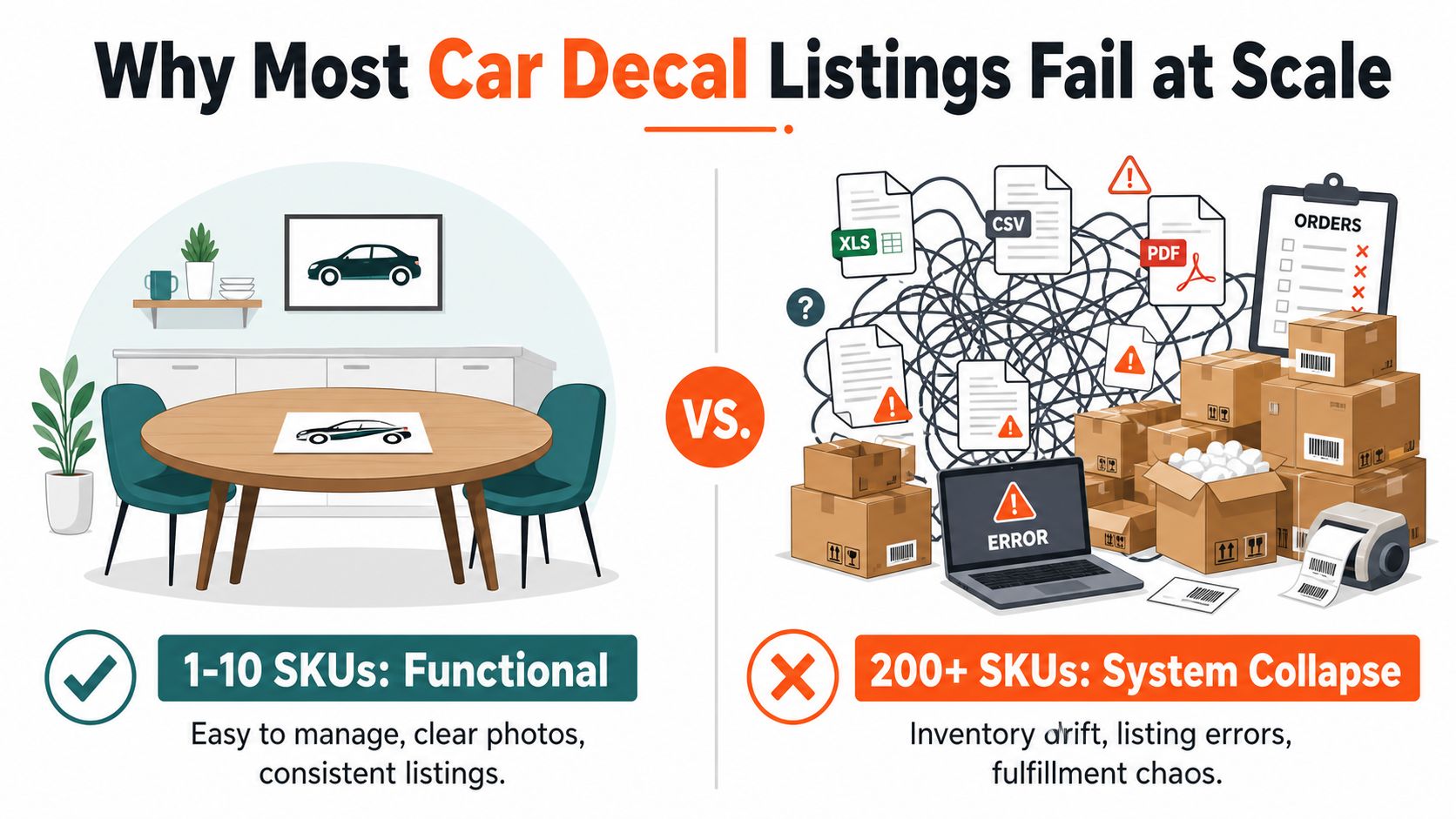An infographic comparing the simplicity of managing small decal inventories versus the chaotic complexity of large-scale operations.