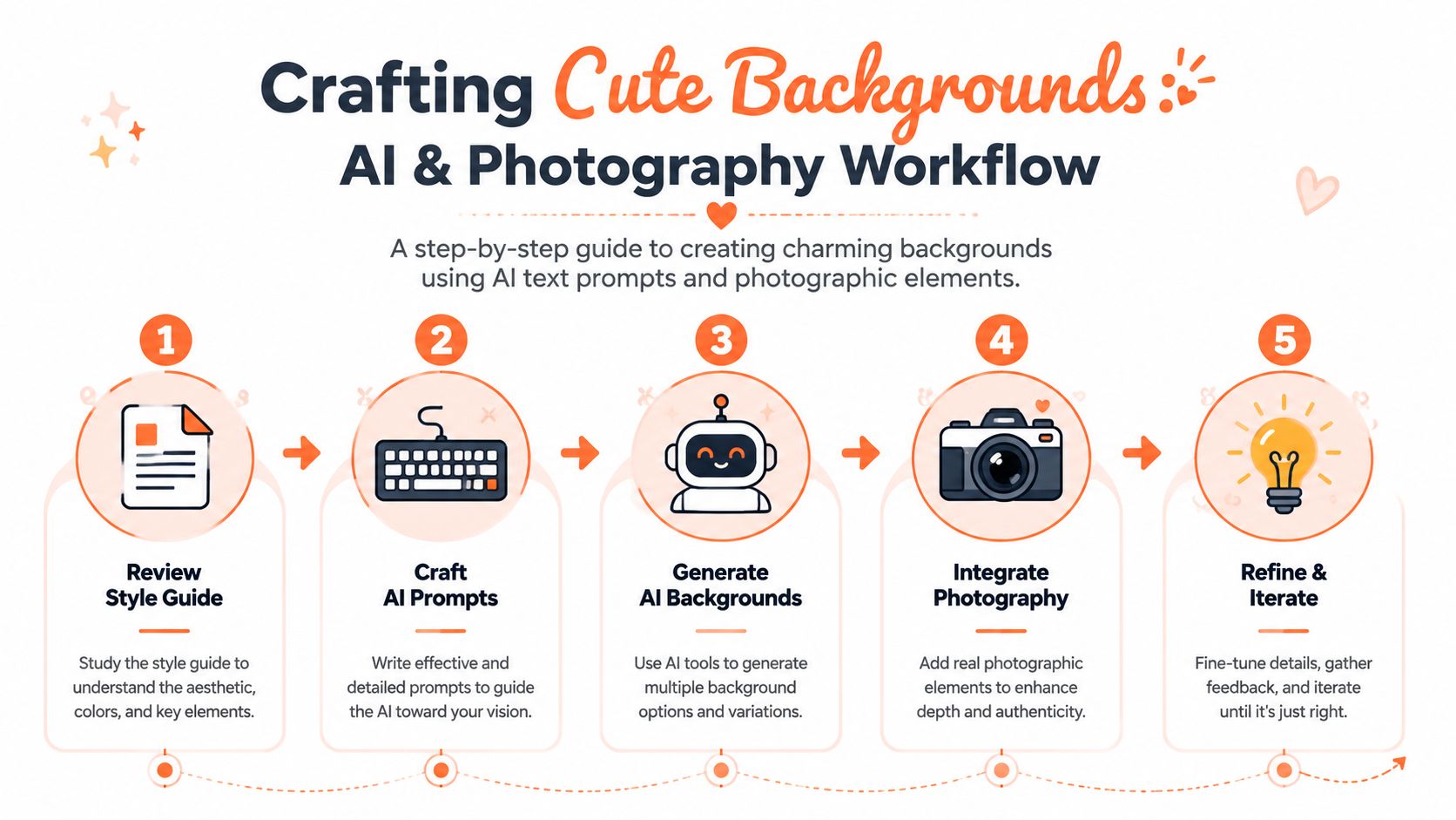 A five-step workflow infographic explaining the process of crafting cute backgrounds using AI and photography.