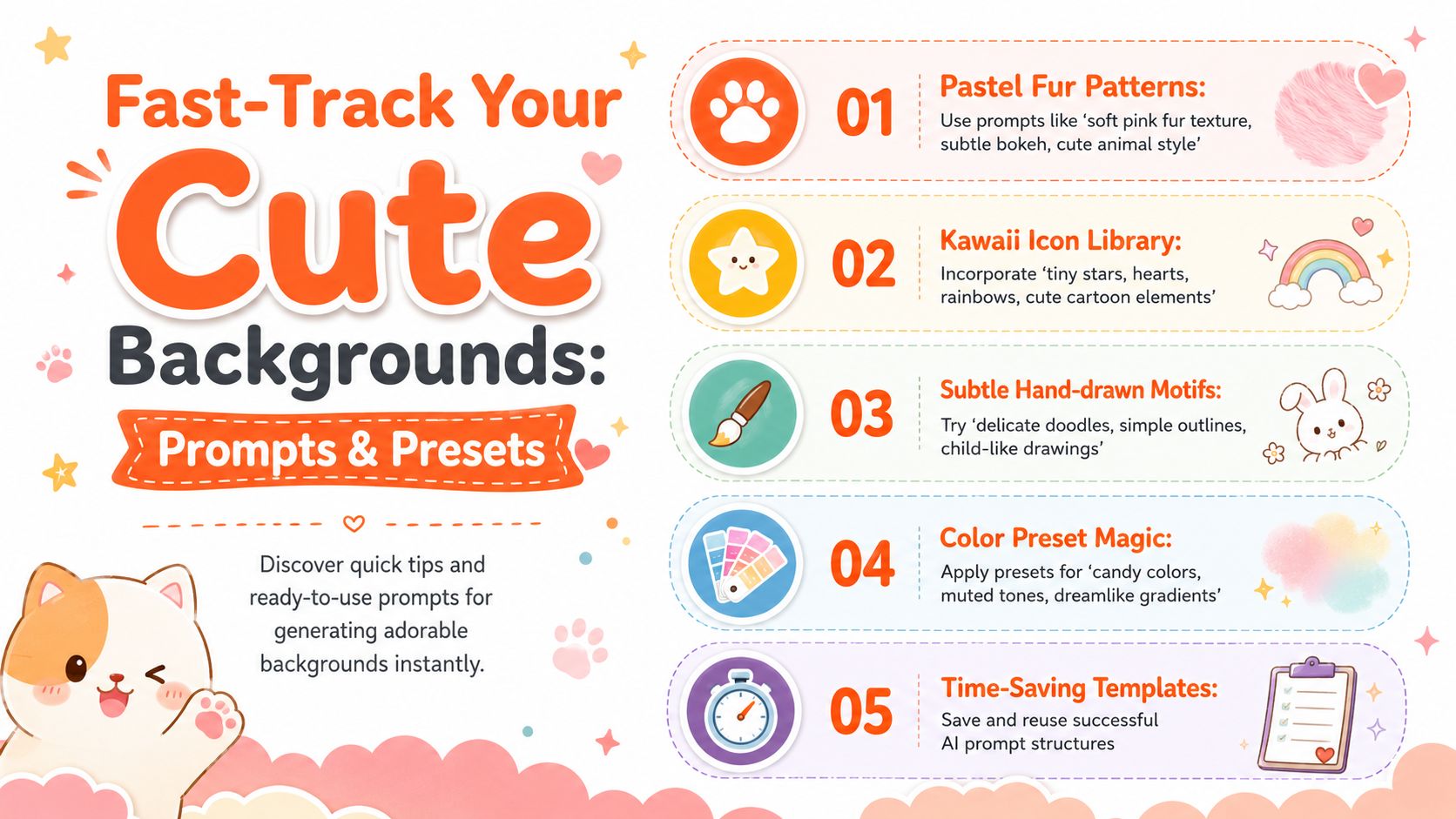 A helpful infographic guide titled Fast-Track Your Cute Backgrounds with five numbered steps for AI prompting.