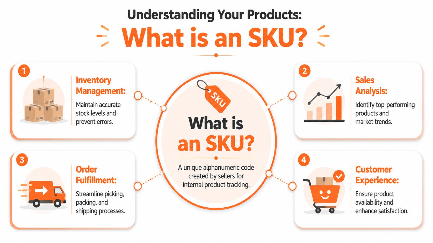 An infographic explaining what an SKU is, including its benefits for inventory management, sales analysis, fulfillment, and customer experience.