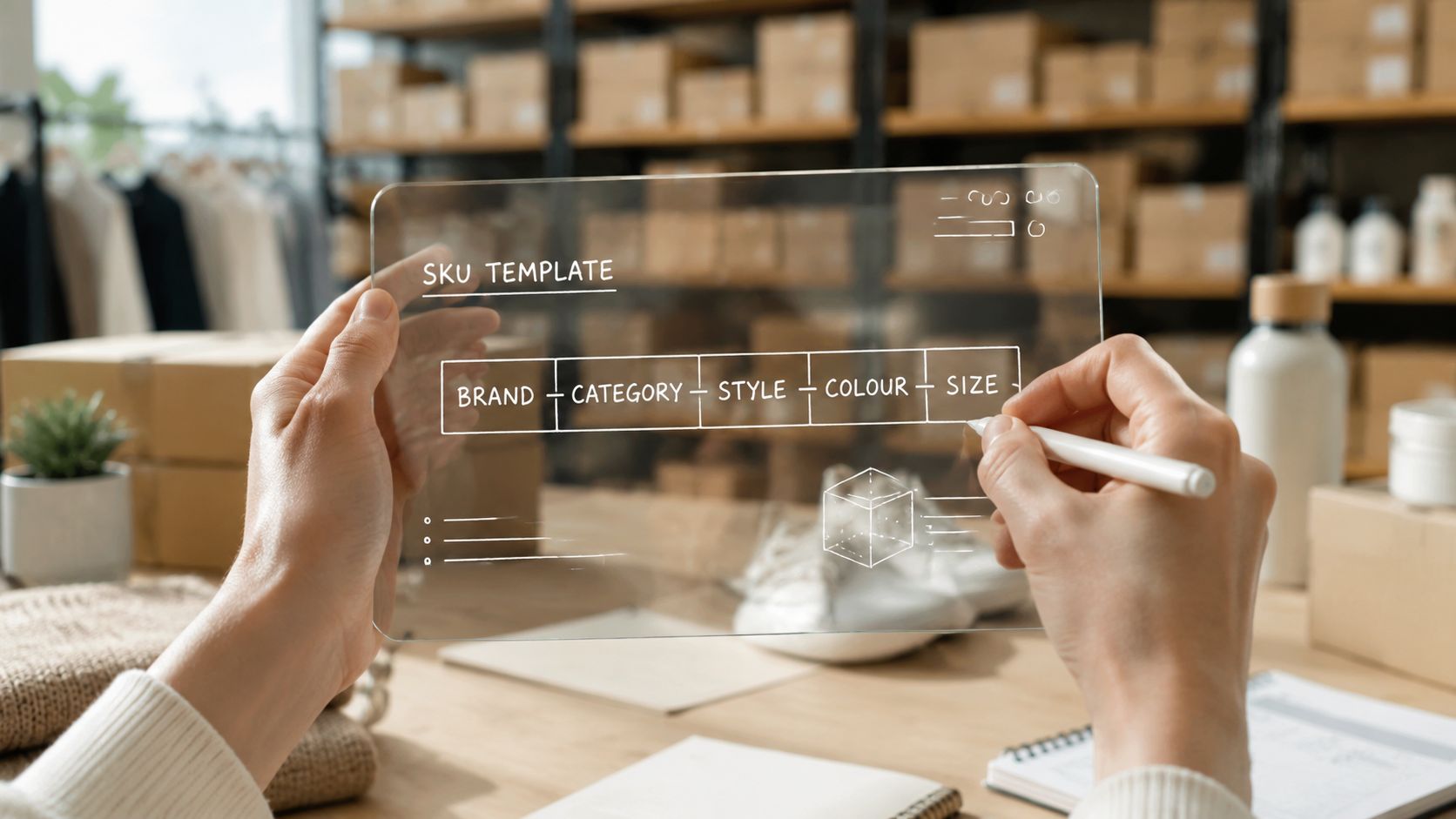 A person holding a transparent glass tablet displaying a SKU template diagram with fields for inventory tracking.