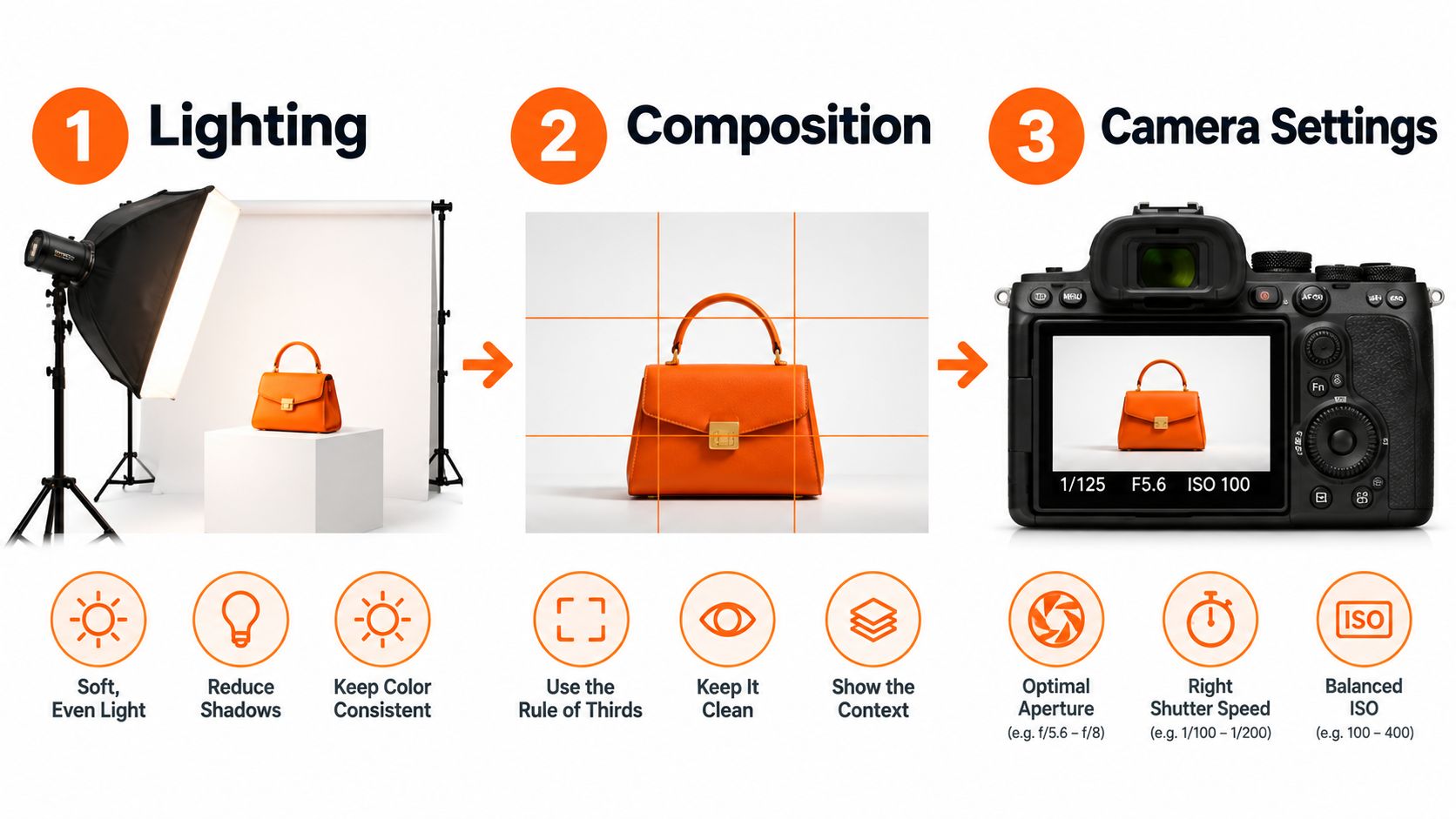 A three-step infographic showing professional studio setup for lighting, composition, and camera settings for product photography.