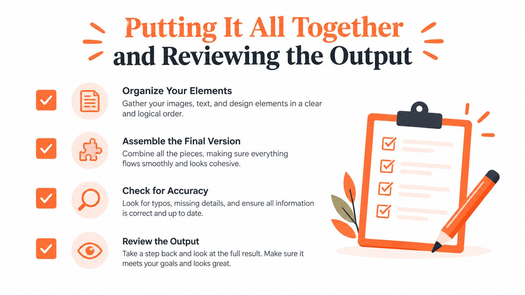 An infographic detailing four steps to review a creative output, including organizing, assembling, checking, and reviewing.