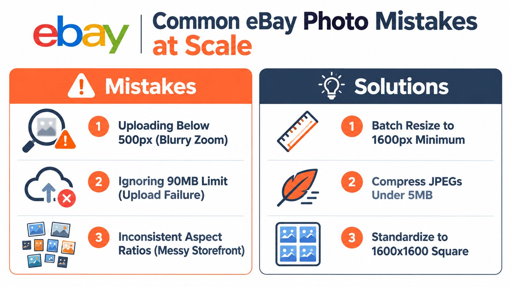 An infographic showing common eBay photo mistakes and their corresponding solutions for high quality product listings.