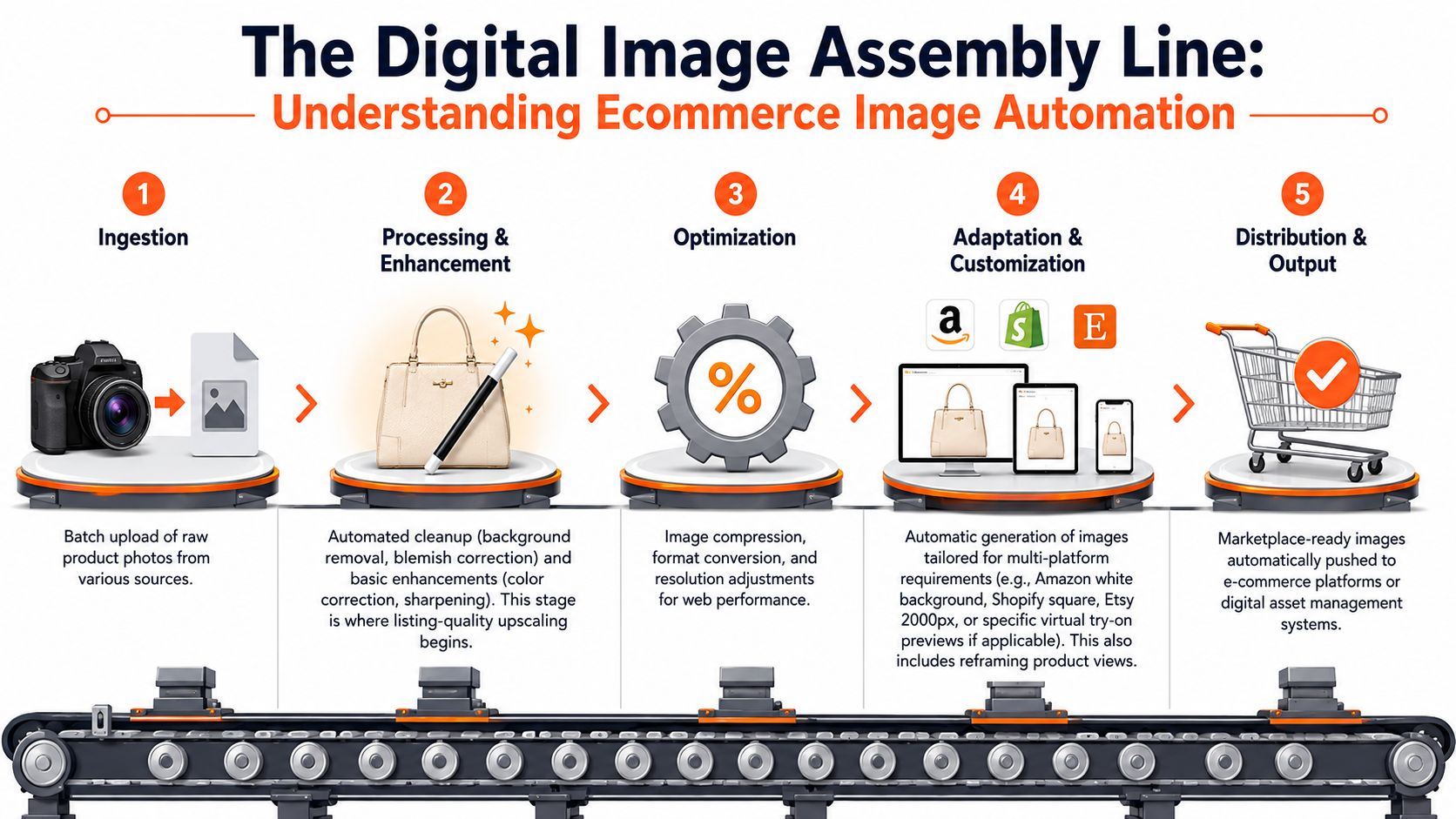 A diagram illustrating the five stages of an automated digital image assembly line for ecommerce product photos.