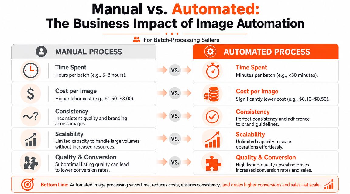 A comparison chart showing how automated image processing improves efficiency, reduces costs, and increases sales for sellers.