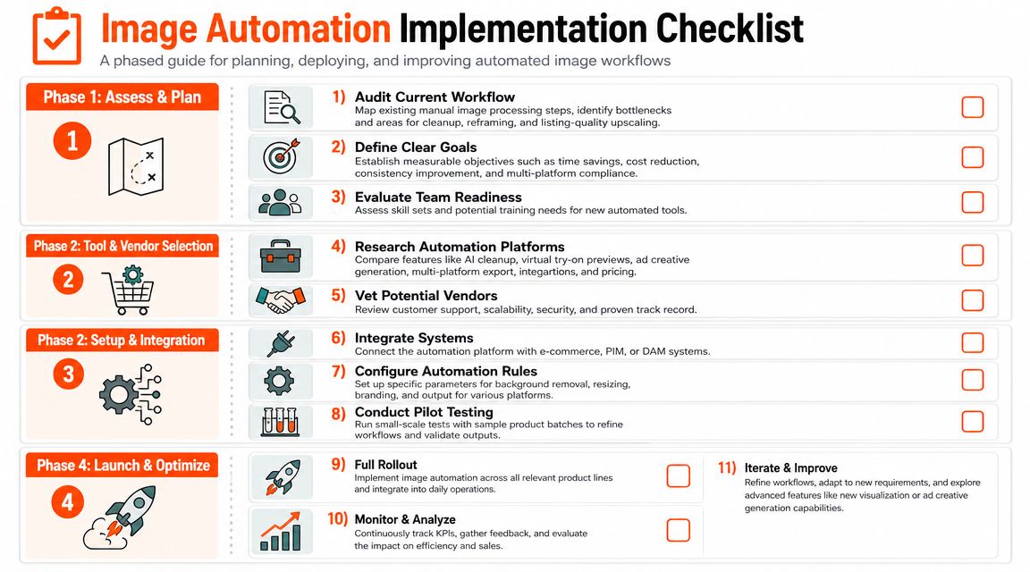 A checklist illustrating a four-phase guide for planning, deploying, and improving automated image workflows for businesses.