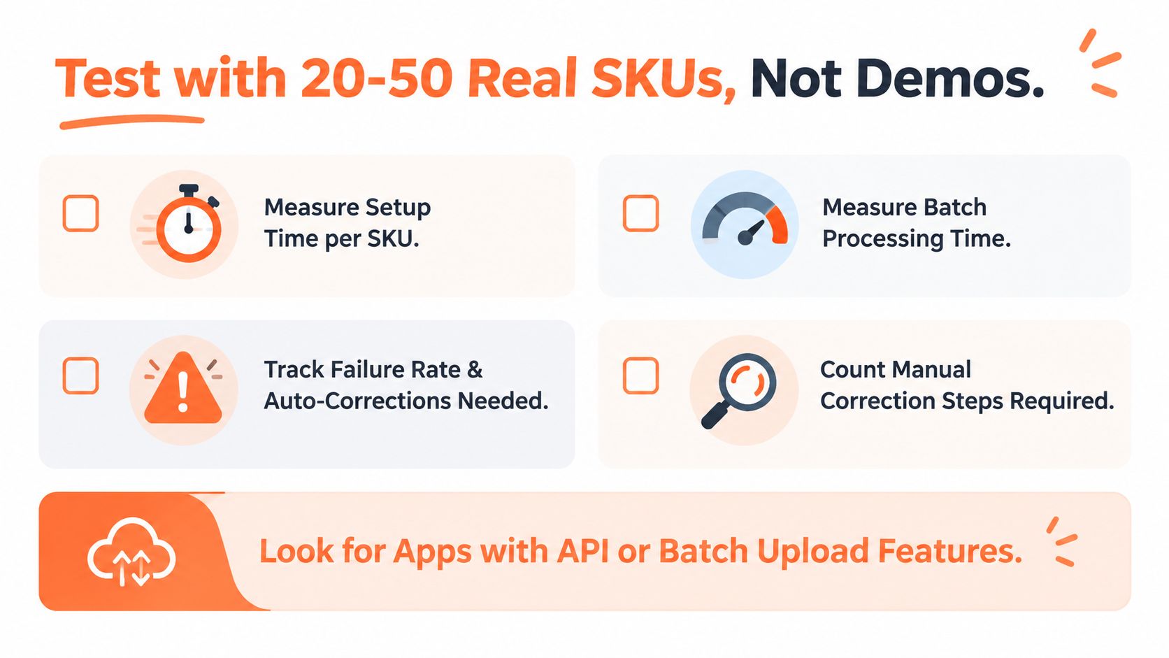 A checklist for testing ecommerce apps with real SKUs to ensure efficient photo editing workflows.