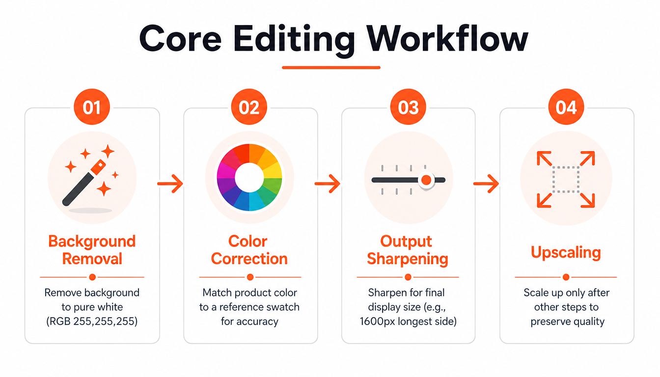 A four-step infographic illustrating the core editing workflow for professional product photography in ecommerce businesses.