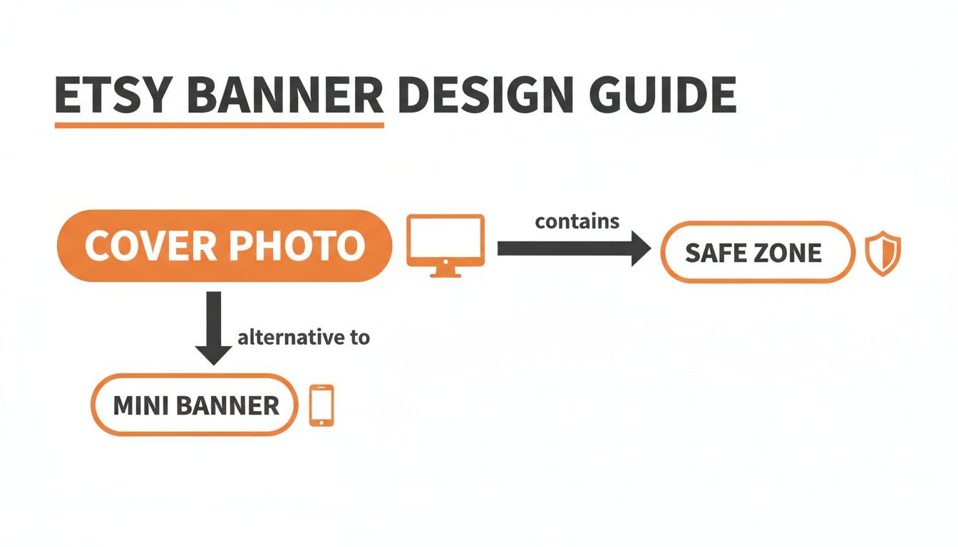 Diagram illustrating Etsy banner design guide, showing cover photo options and safe zone for desktop and mobile.