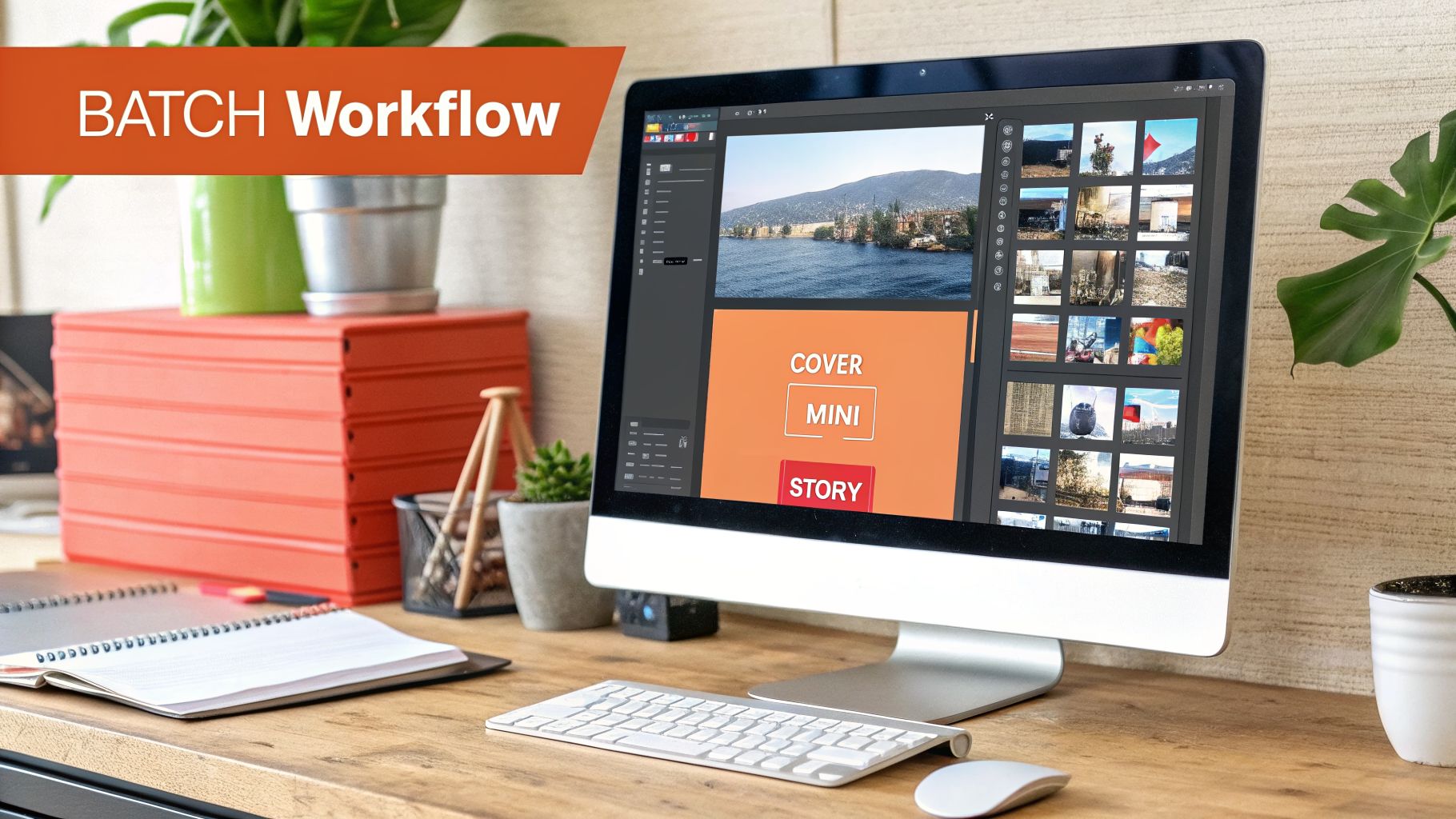 A computer monitor displays a 'BATCH Workflow' application with images and text, on a wooden desk with office supplies.