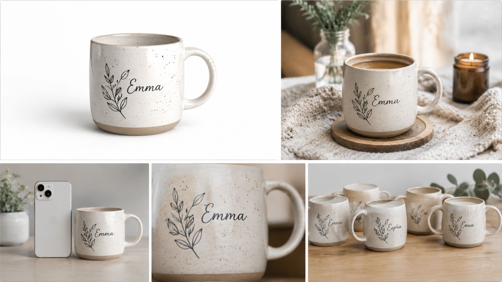 A ceramic mug with a leaf illustration and the name Emma printed on a speckled surface.