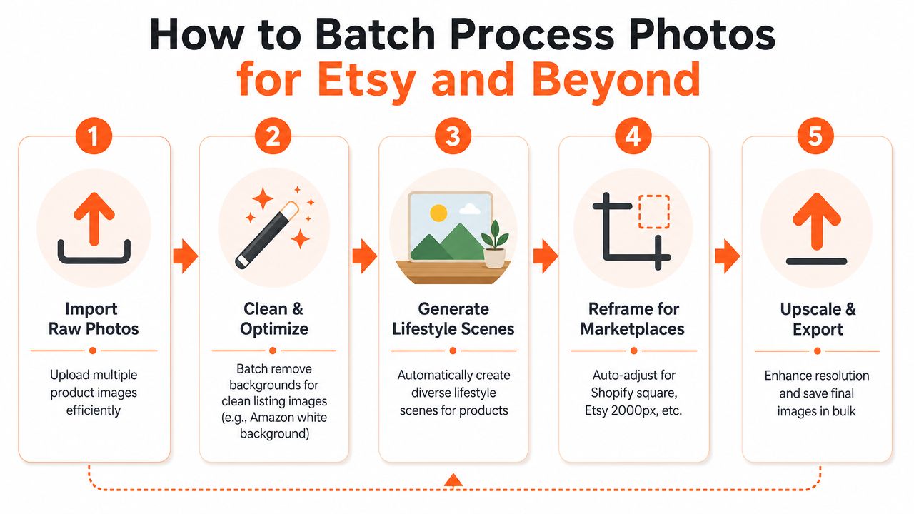 A five-step infographic showing how to batch process product photos for Etsy and other online marketplaces.