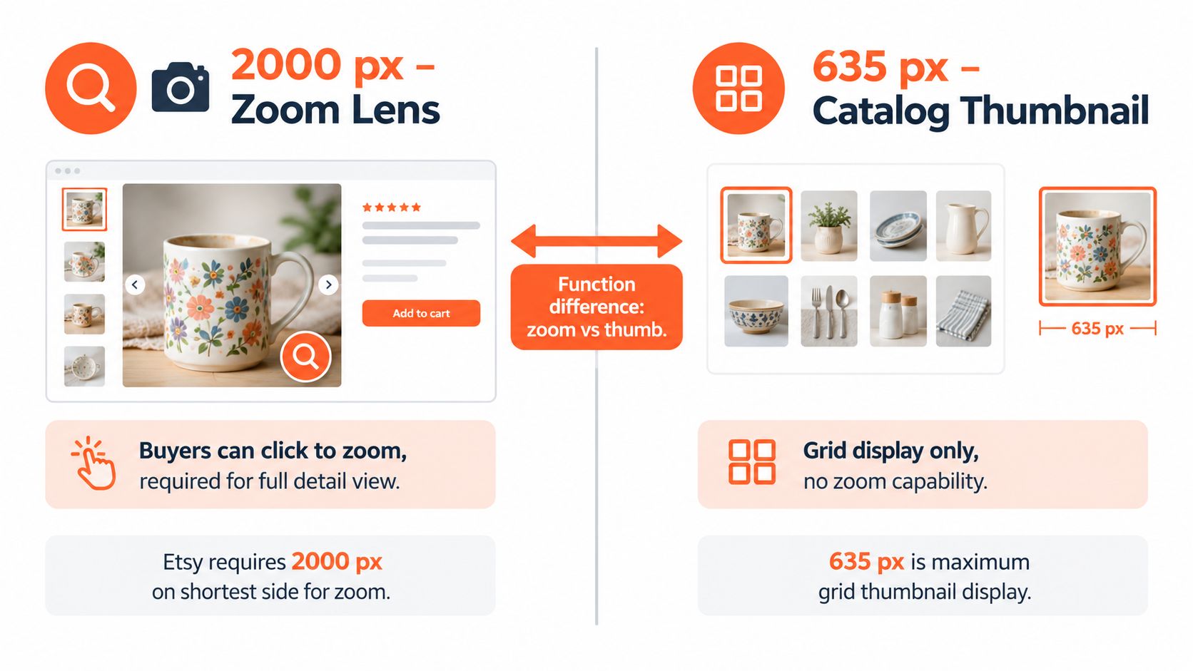 A diagram explaining Etsy product image requirements for zoom lens functionality versus catalog thumbnail display sizes.