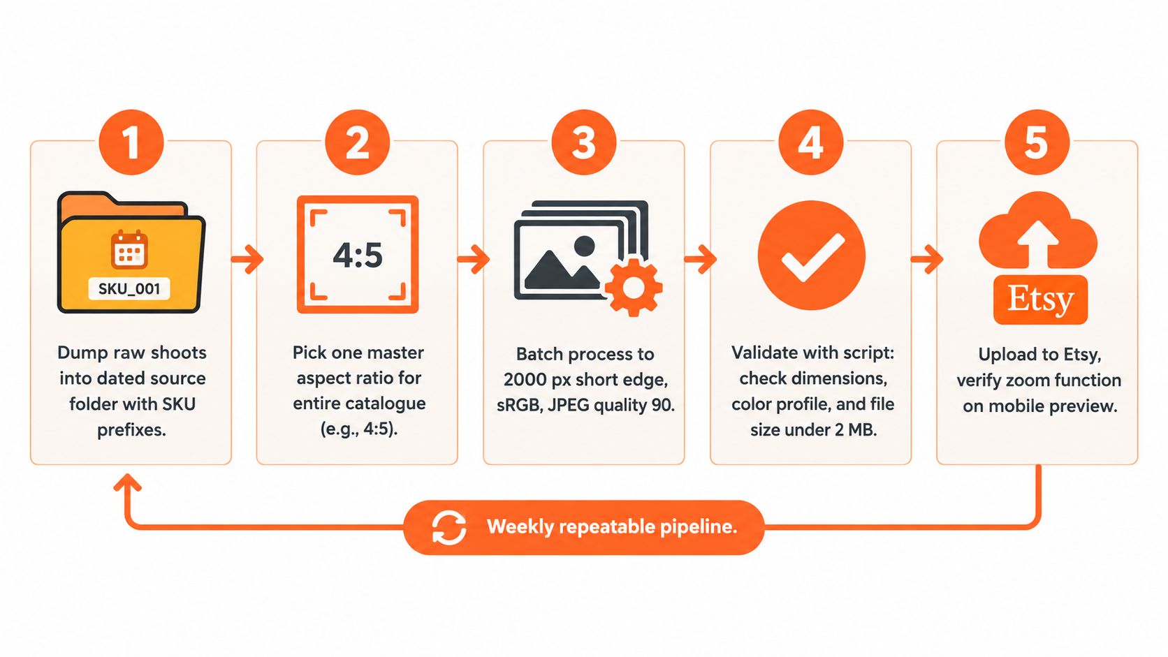 A five-step flowchart illustrating a weekly repeatable pipeline for preparing and uploading professional Etsy product listing images.