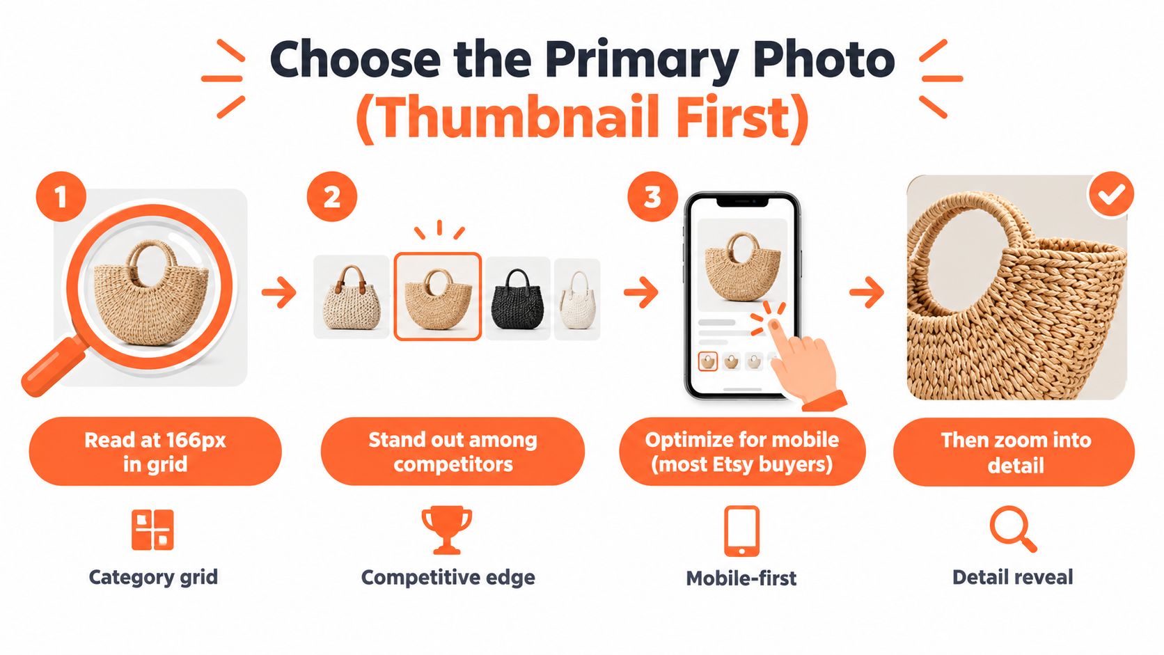 A visual guide explaining how to choose the best primary product thumbnail for Etsy listings on mobile.