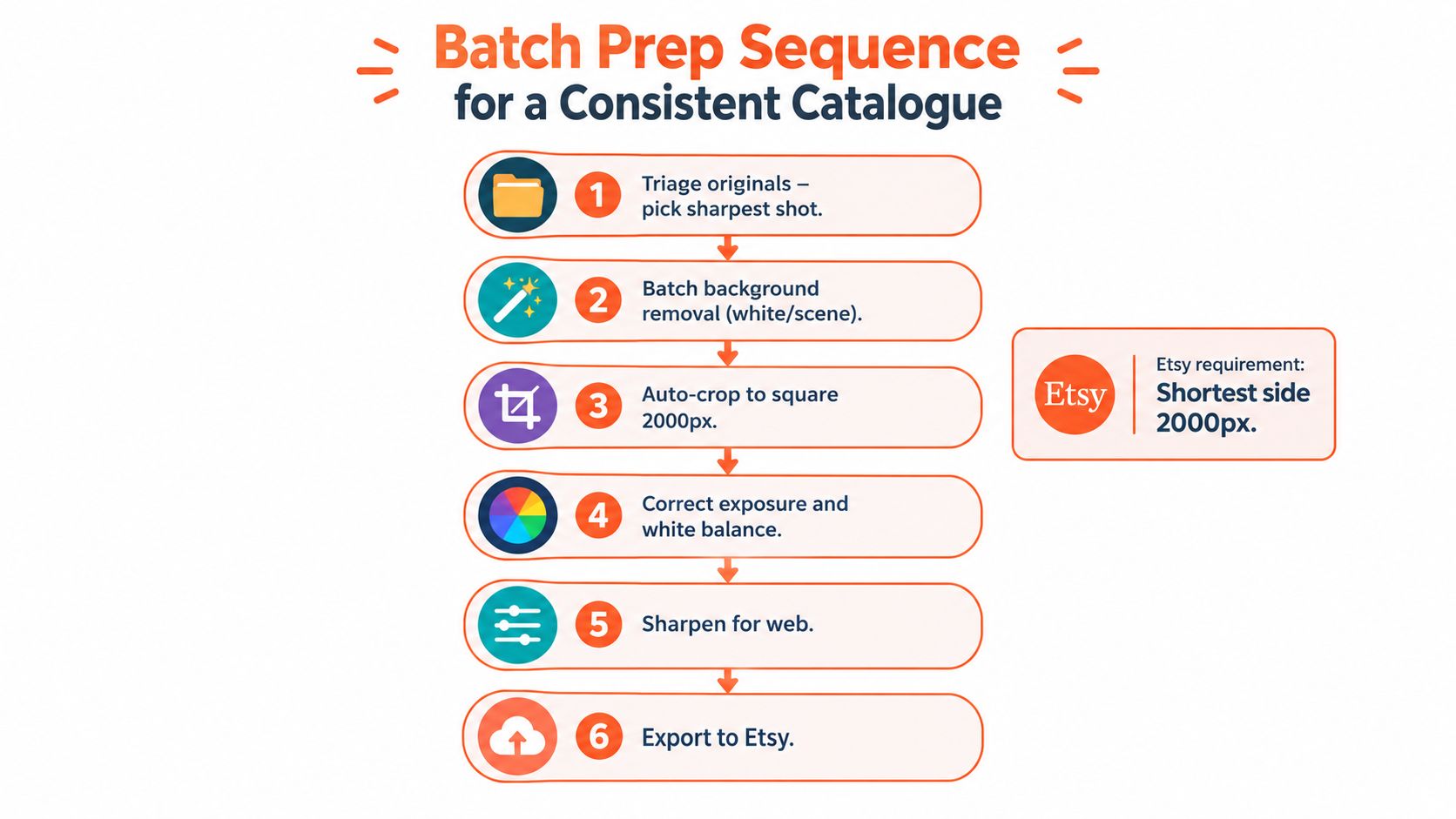 A six-step diagram illustrating a batch preparation sequence for creating consistent Etsy product listing images.