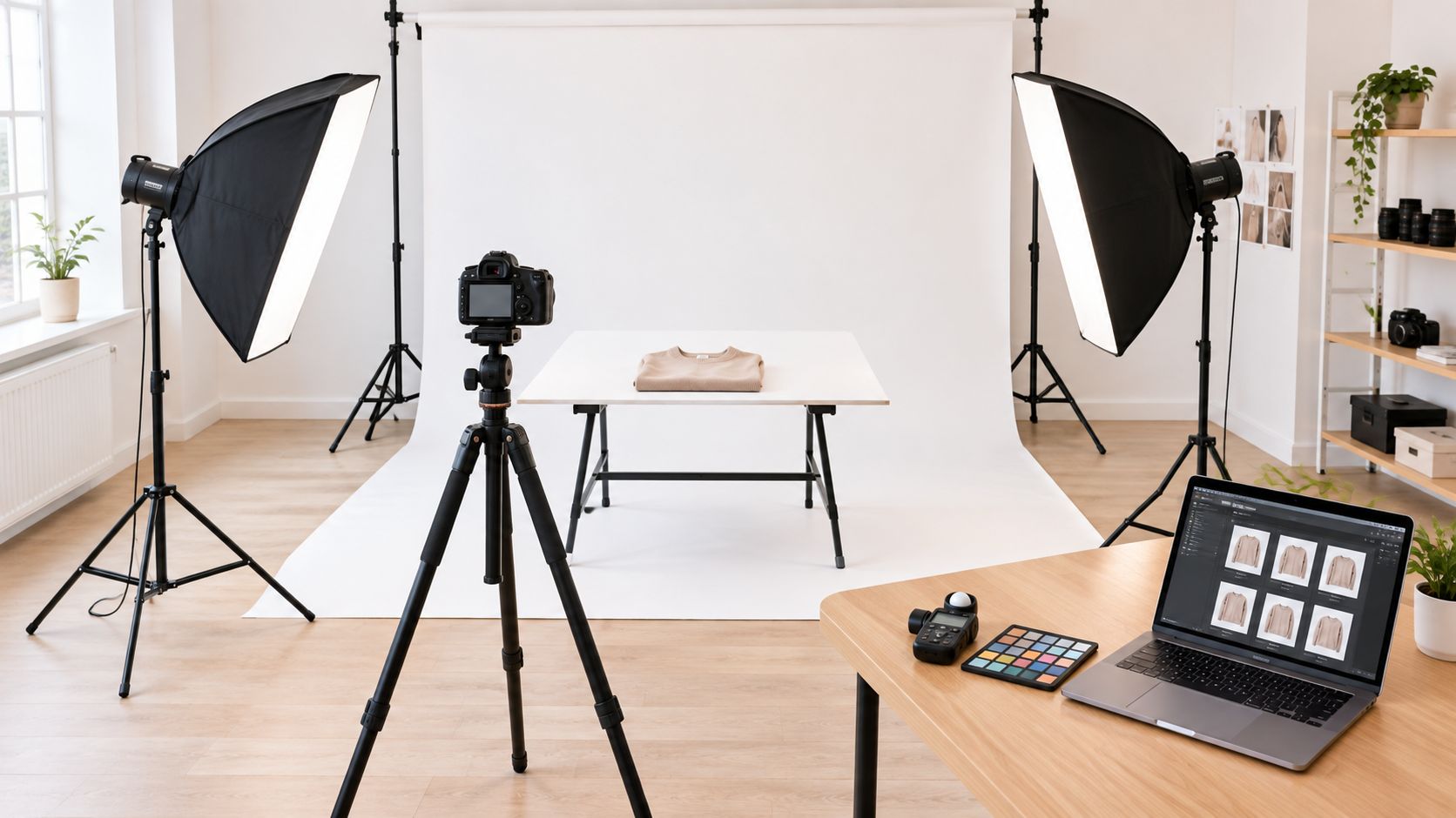 A professional photography studio setup with a camera, lighting, and a beige sweater on a white table.