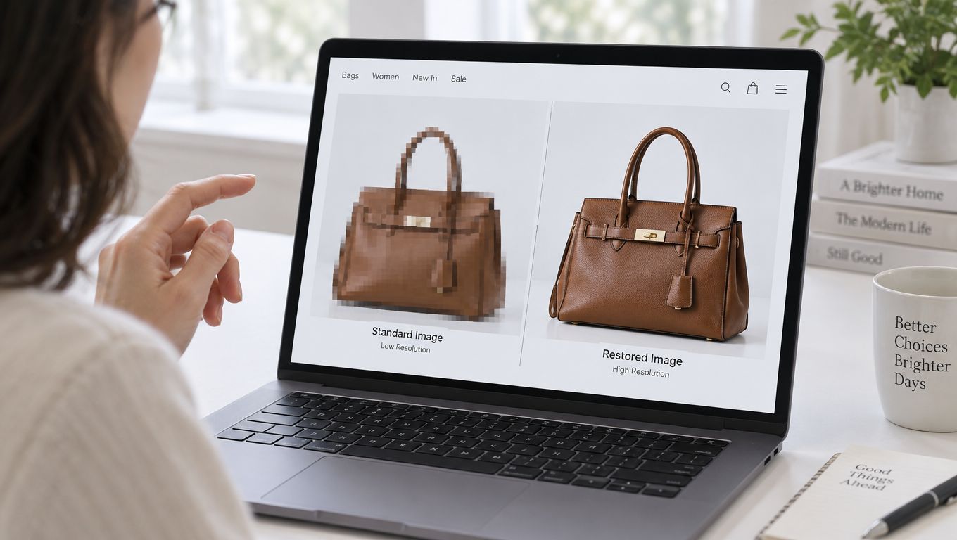 A person viewing a laptop screen showing a comparison between a pixelated bag and a restored image.