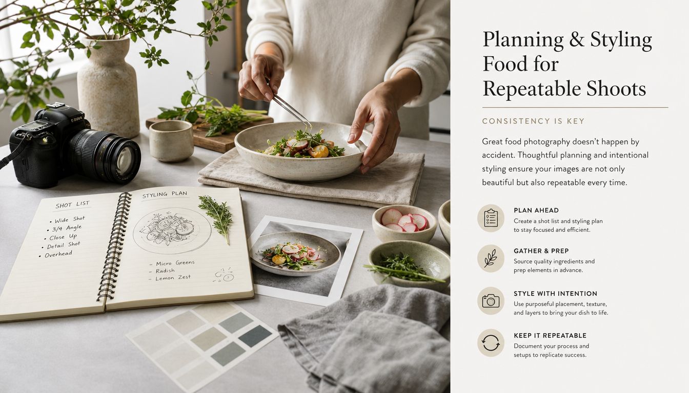 A food stylist arranging a salad in a bowl with tweezers next to photography planning documents.