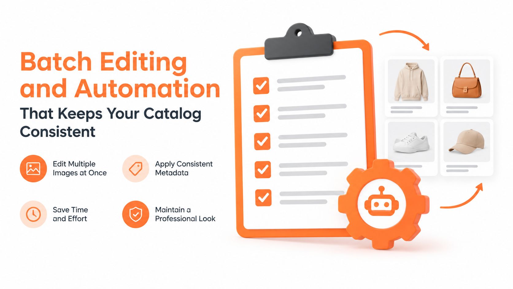 A clipboard with a checklist and a gear icon symbolizing batch image editing and product catalog automation.