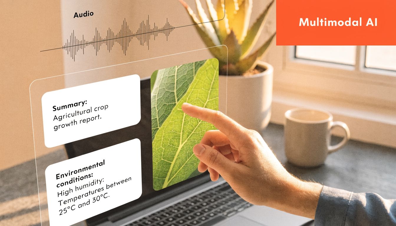 A person using a transparent interface to analyze agricultural crop images and environmental sensor data.