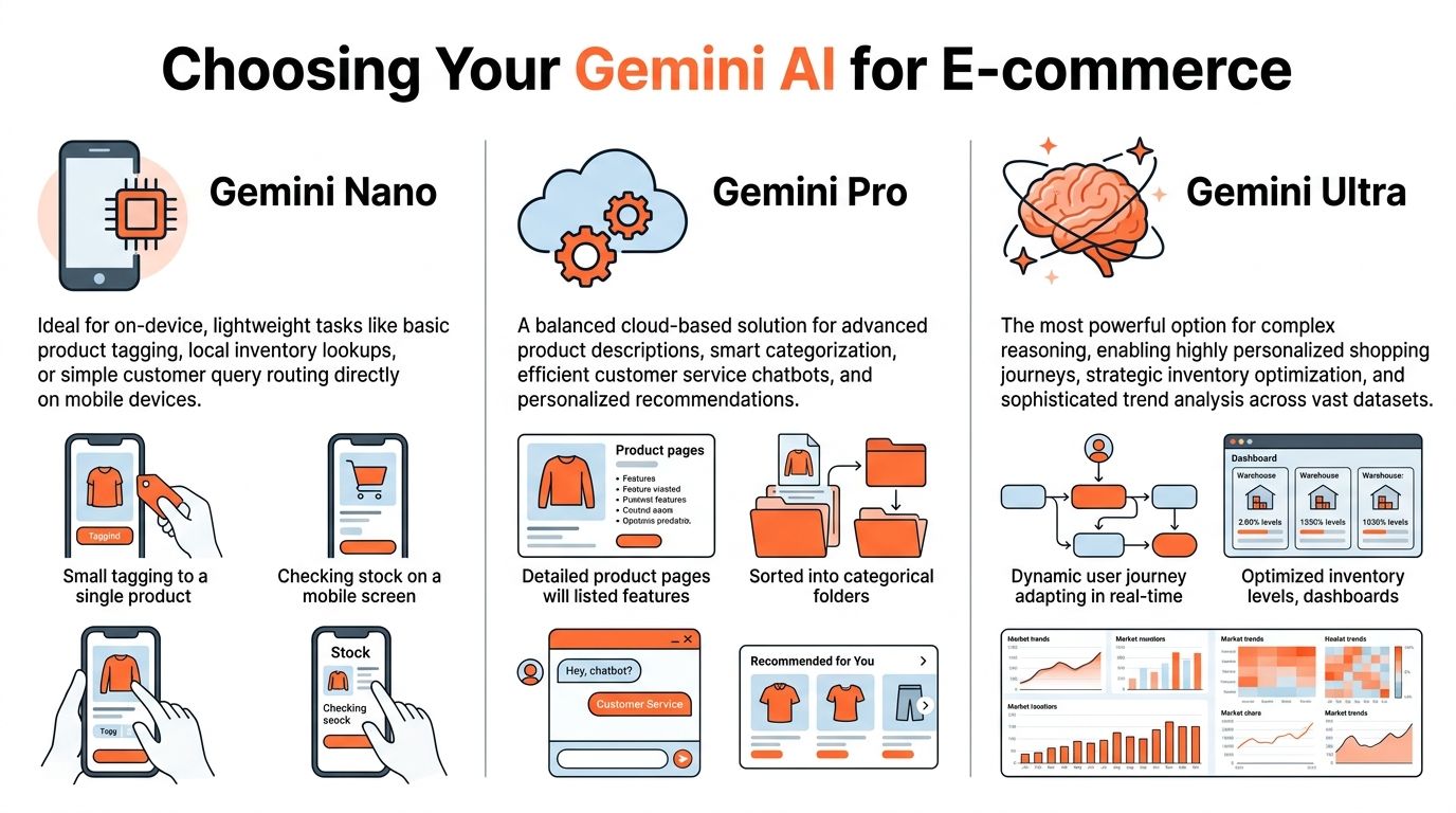 A comparison chart showing how different Gemini AI models like Nano, Pro, and Ultra help e-commerce businesses.