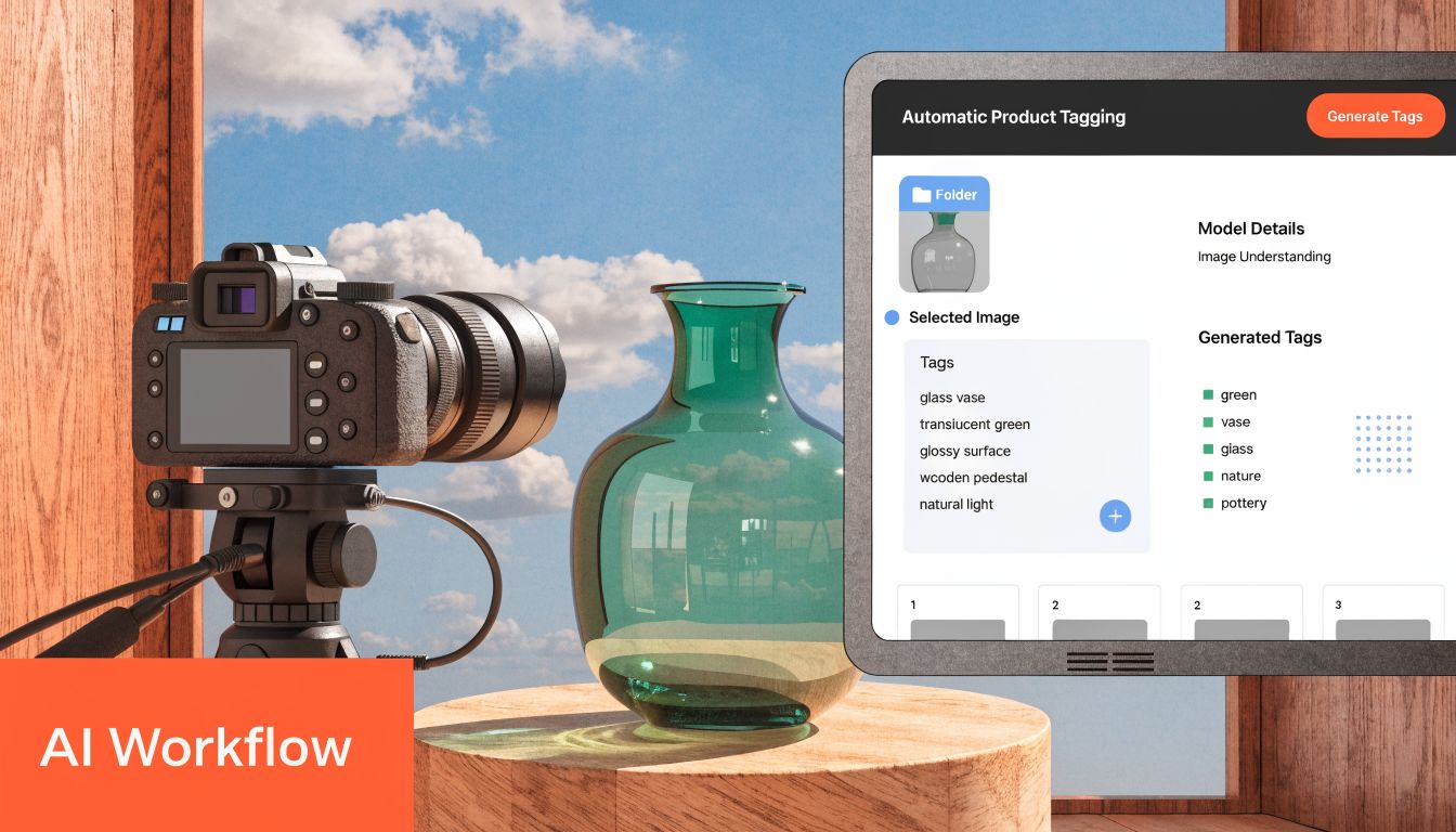 A professional camera captures a glass vase on a wooden pedestal for AI product tagging workflow analysis.