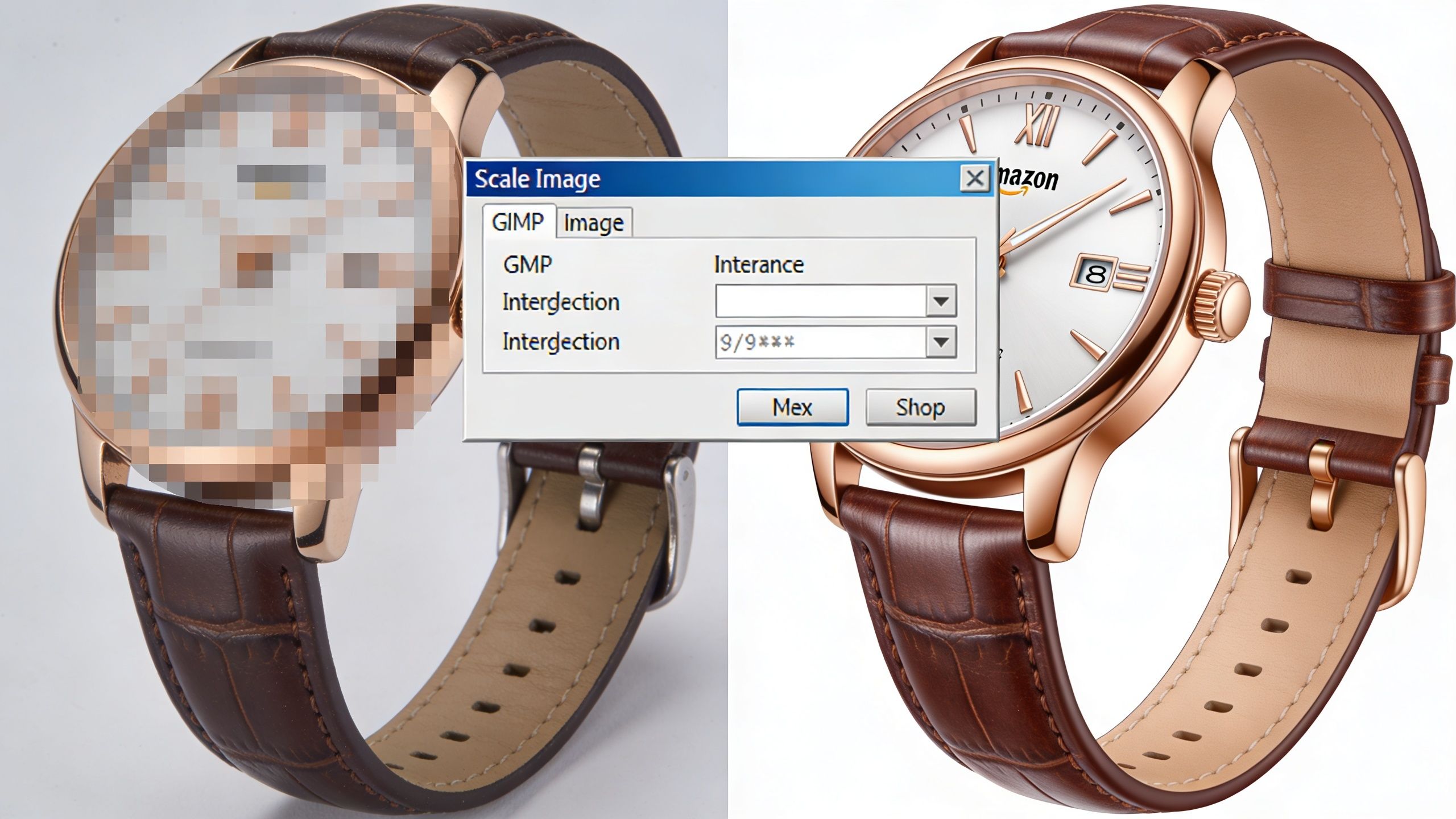 A digital graphic shows a GIMP window overlaying a comparison between a pixelated and a clear watch image.