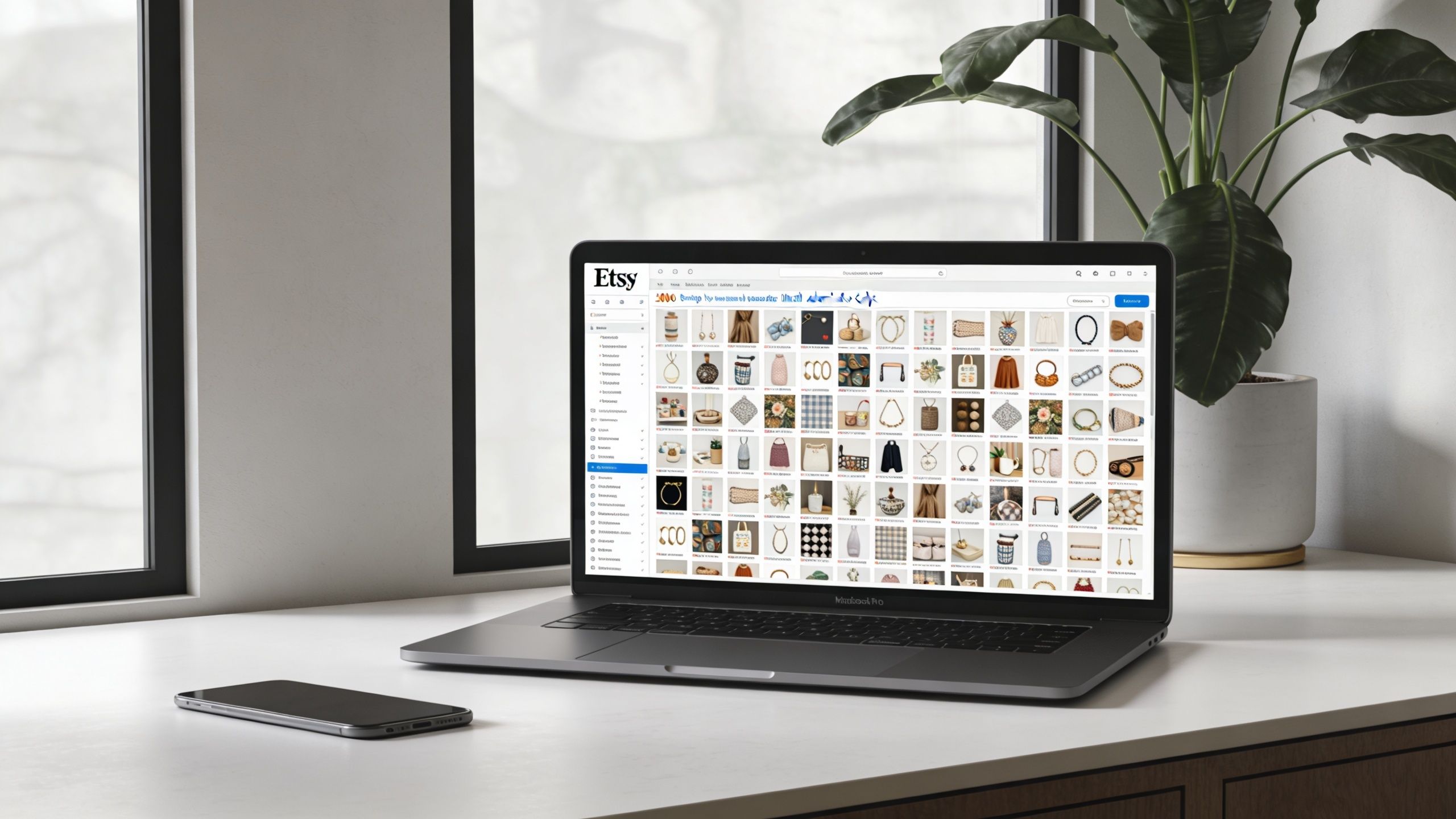 A sleek MacBook Pro open on a white desk displaying an Etsy marketplace webpage featuring various product listings.