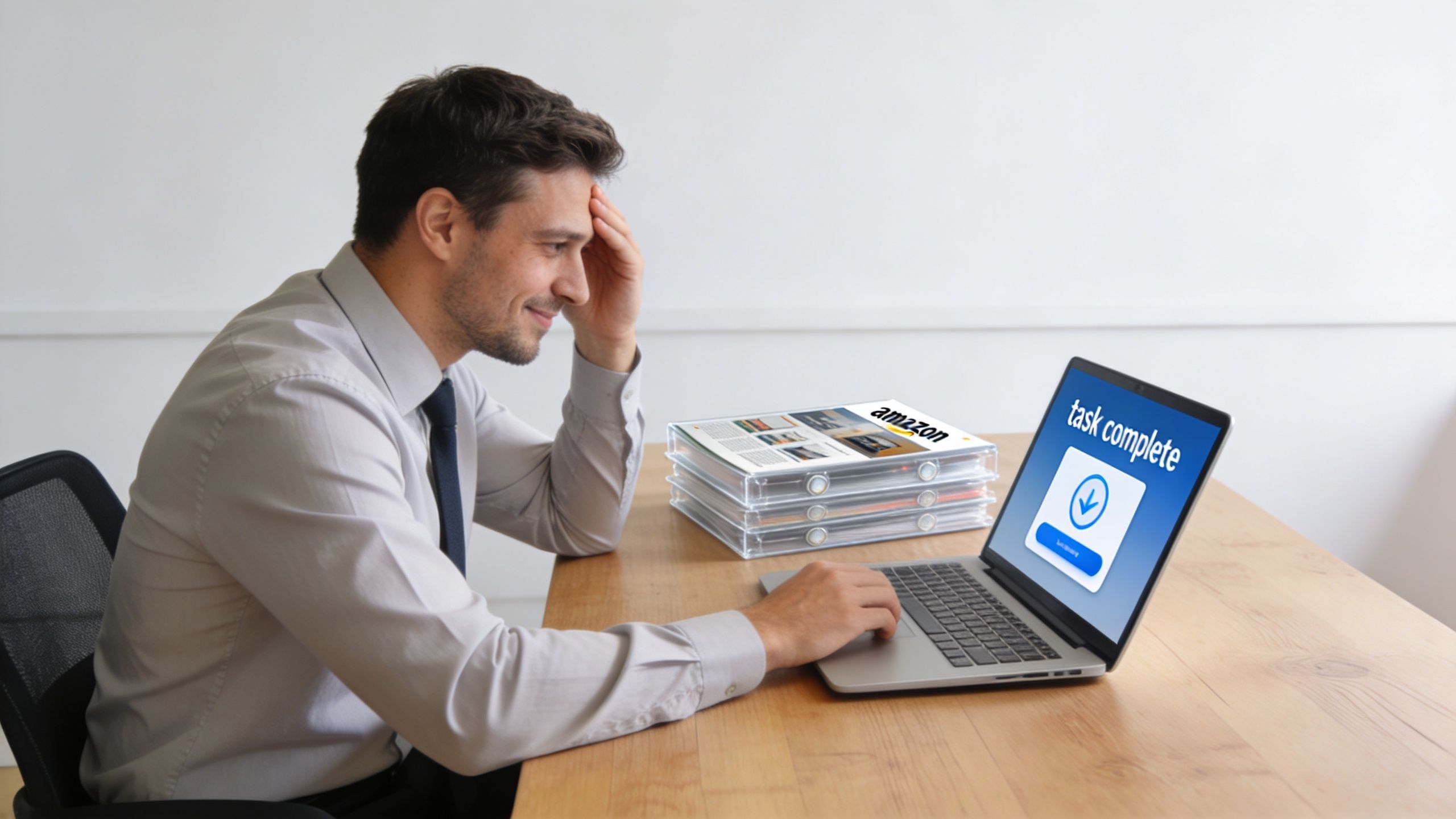 A professional man in a dress shirt sits at a desk looking at a task complete notification on his laptop.