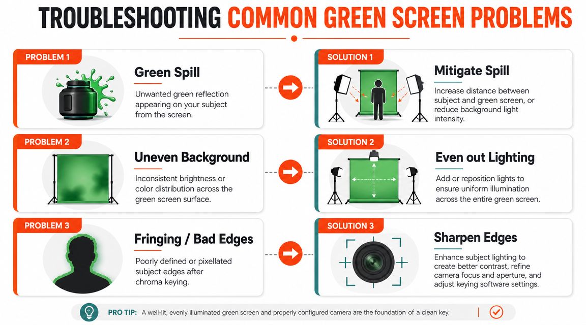 An infographic showing troubleshooting tips for common green background light and screen production problems.