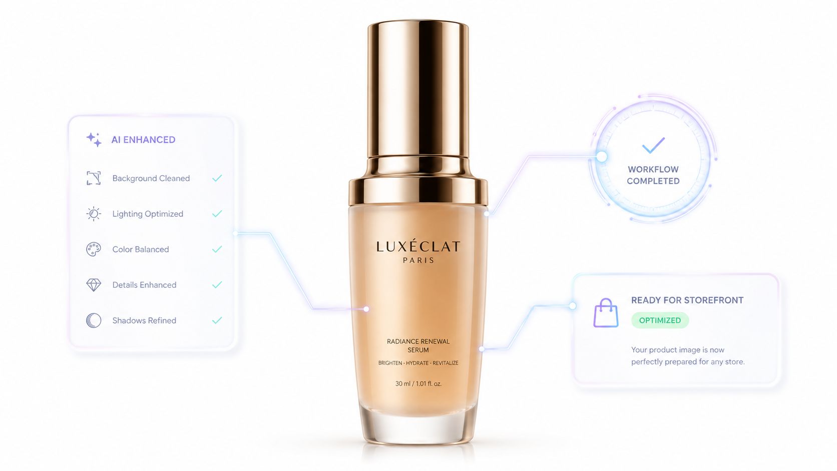A professional product photograph of Luxéclat Radiance Renewal serum displayed with digital AI enhancement workflow overlay.