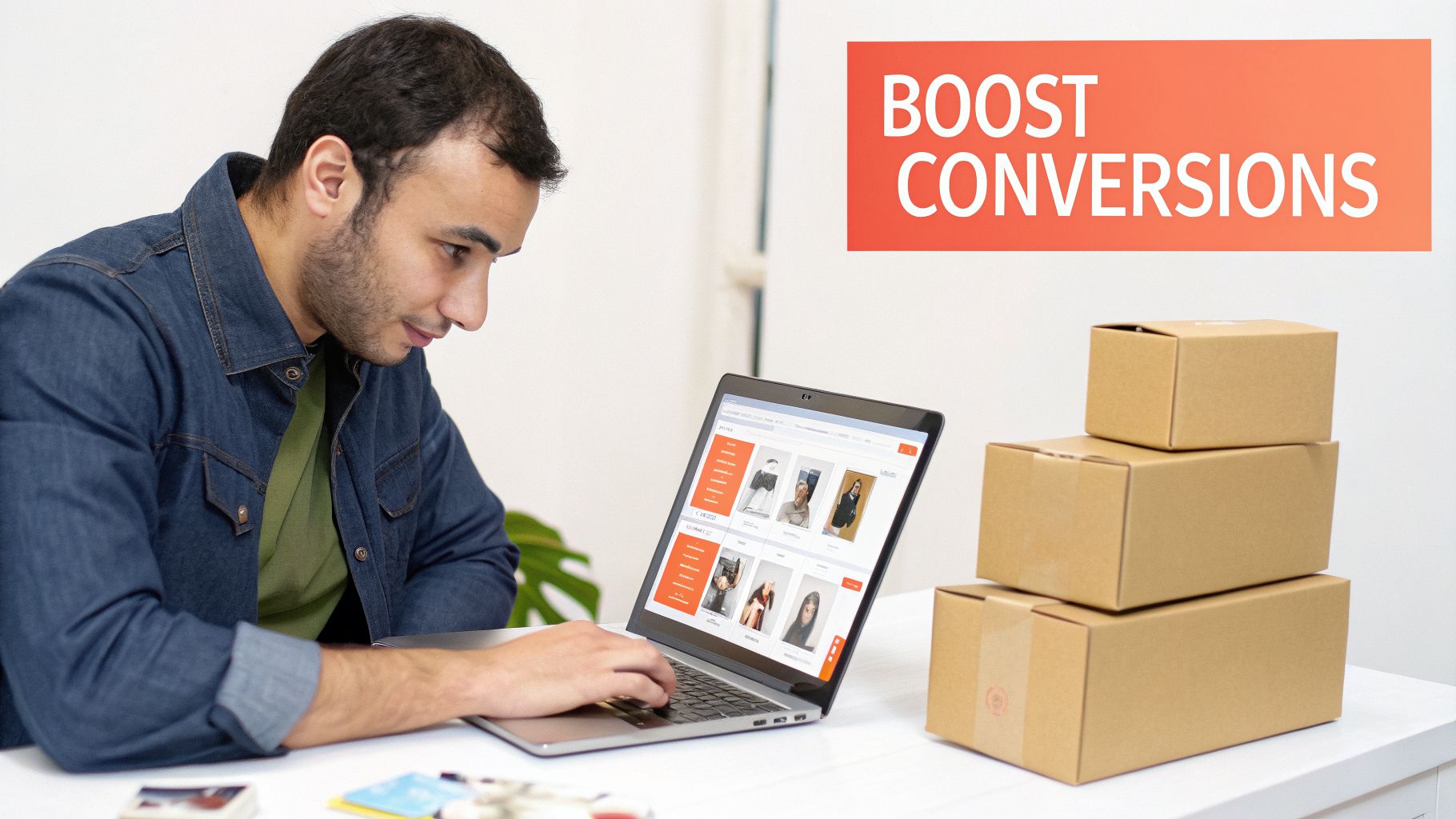 A man focused on his laptop, managing an e-commerce website with shipping boxes, boosting conversions.