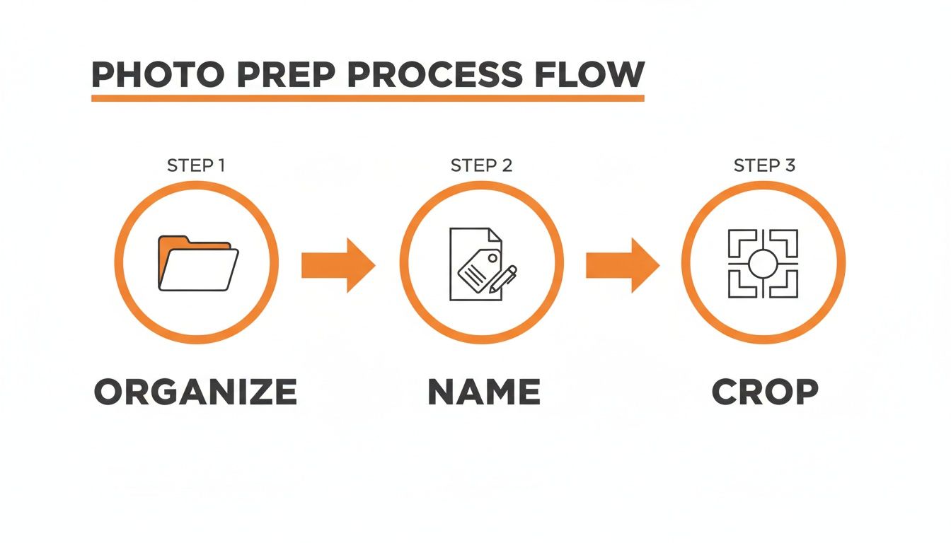 A visual flow chart illustrating a three-step photo preparation process: organize, name, and crop.