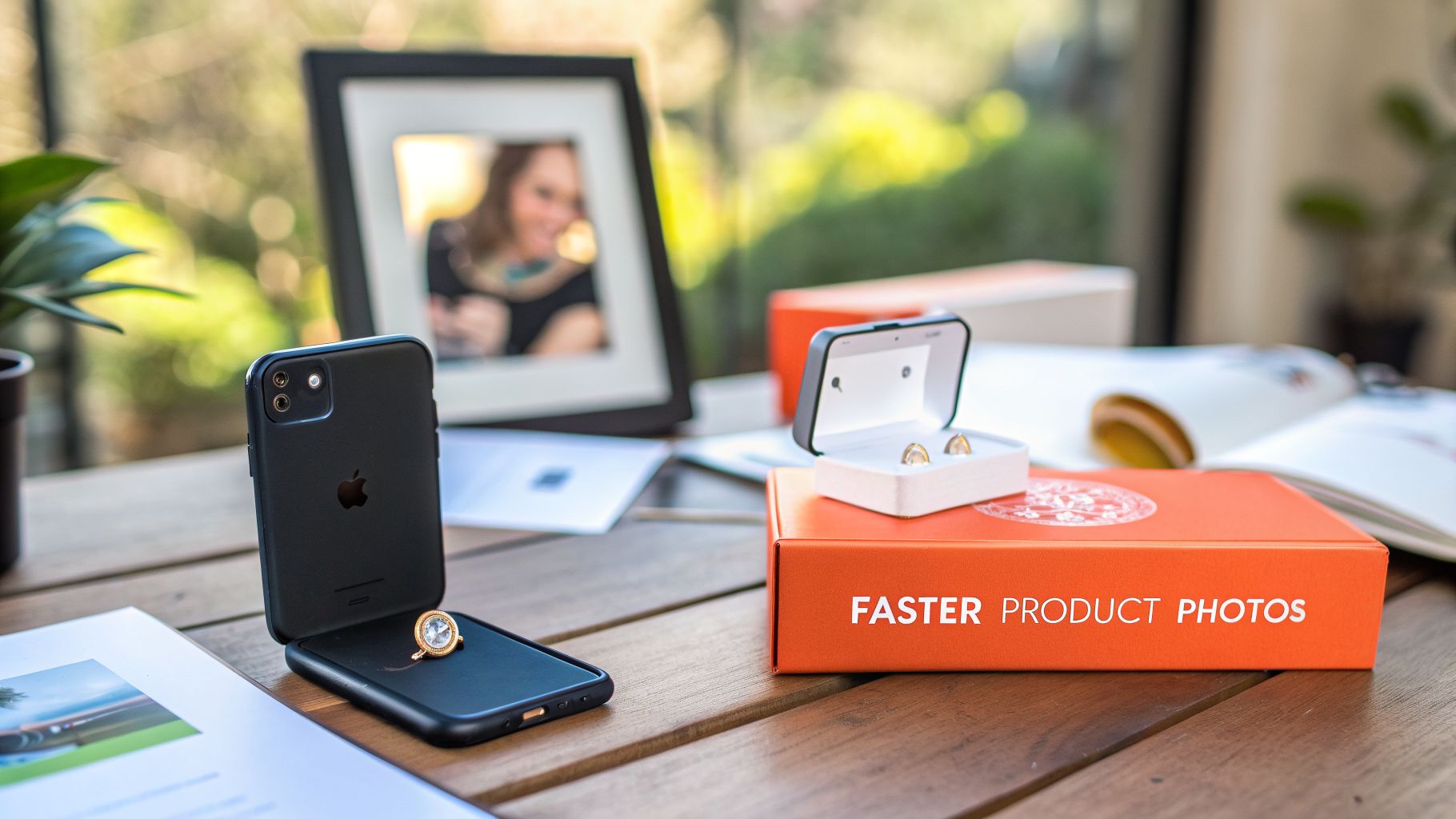 A black iPhone with a ring and open jewelry box with earrings sits on a wooden table for product photos.