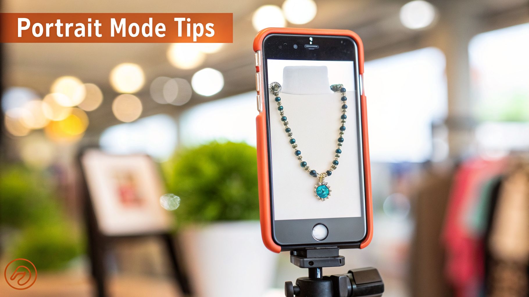 An iPhone on a tripod displays a necklace with a blurred background, illustrating portrait mode tips.