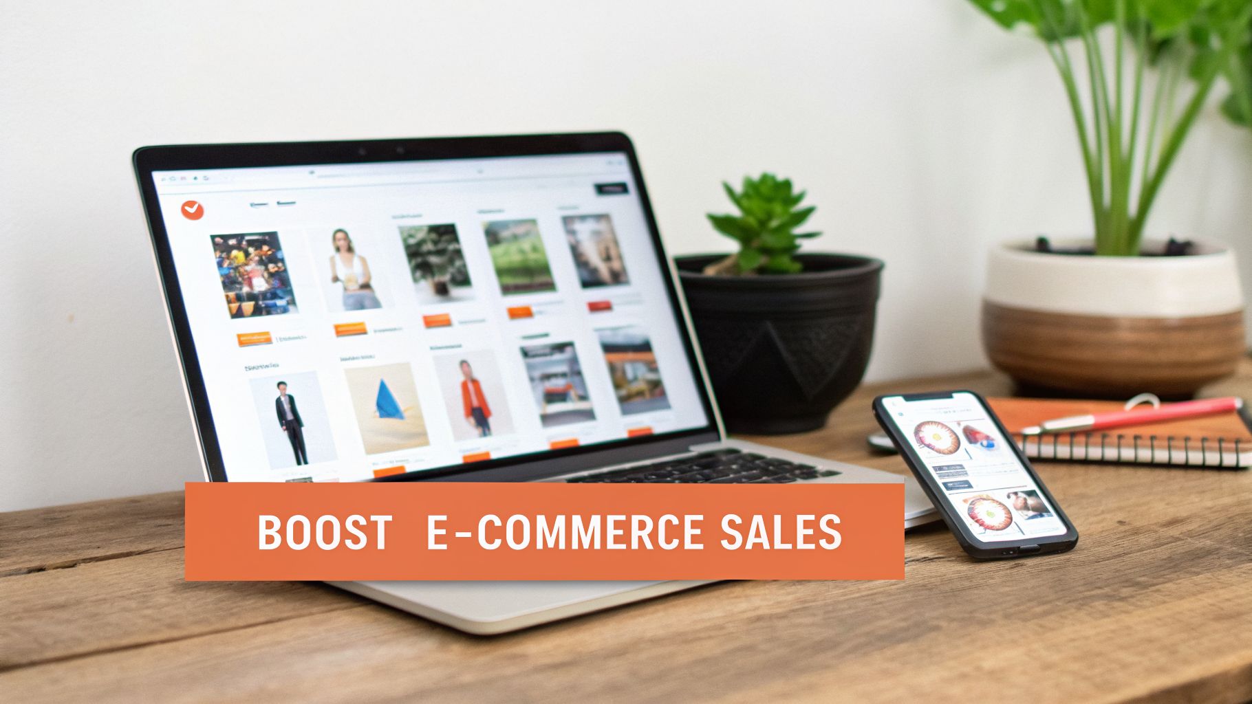 Laptop and smartphone on a wooden desk displaying e-commerce websites, promoting online sales.