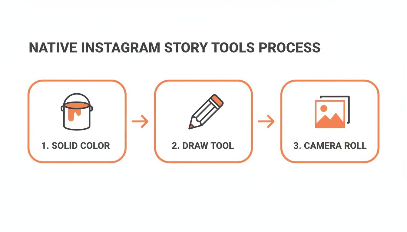 Diagram showing three steps for Native Instagram Story tools: Solid Color, Draw Tool, and Camera Roll.