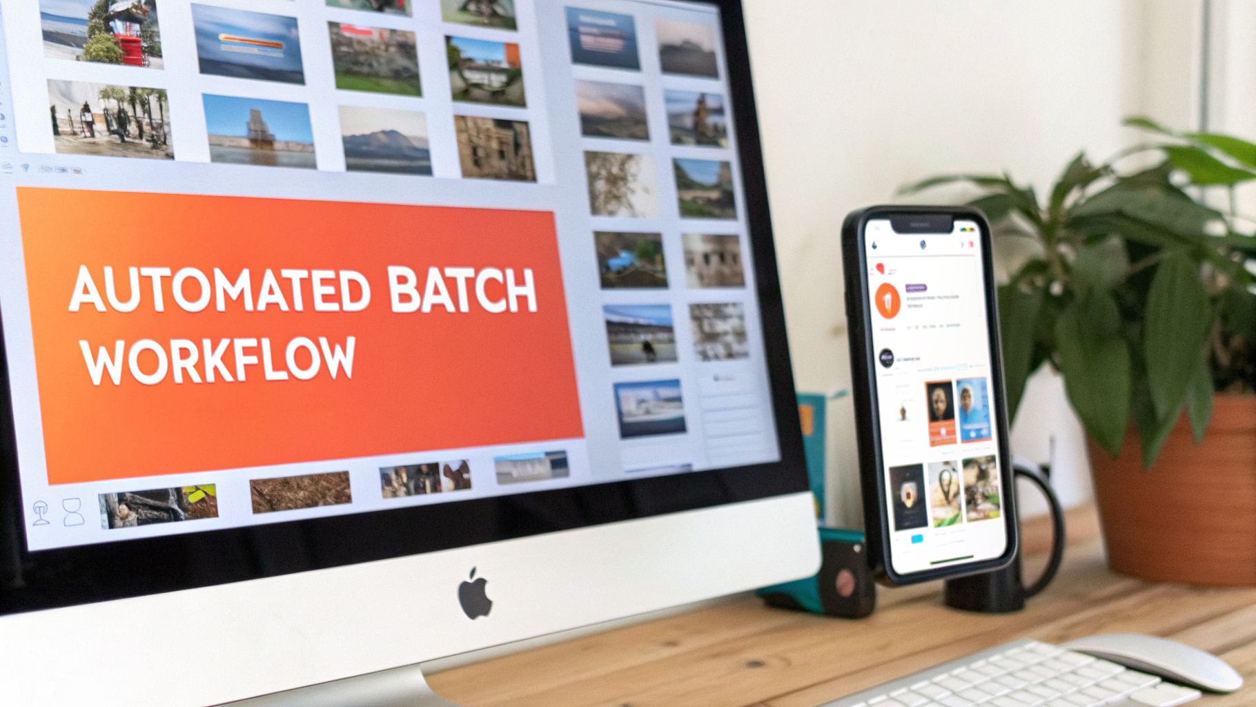 A desktop computer screen displays 'AUTOMATED BATCH WORKFLOW' and image thumbnails, with a smartphone beside it.
