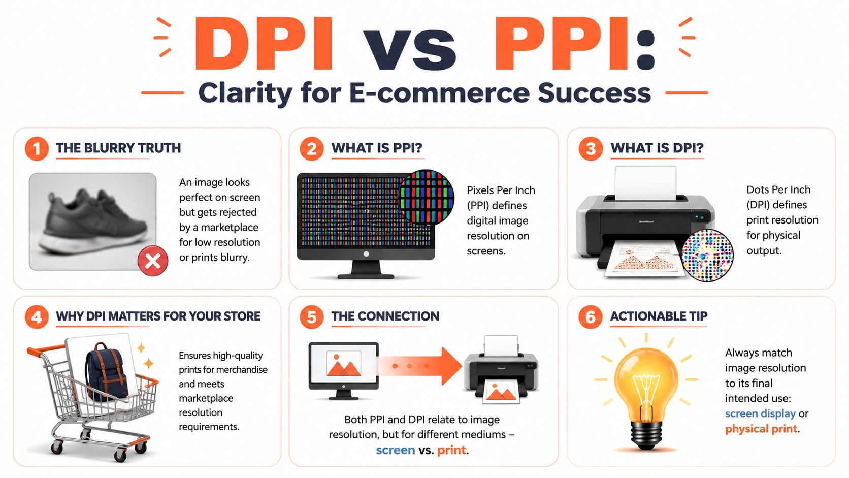 An infographic explaining the differences between DPI and PPI for screen and print image resolution.