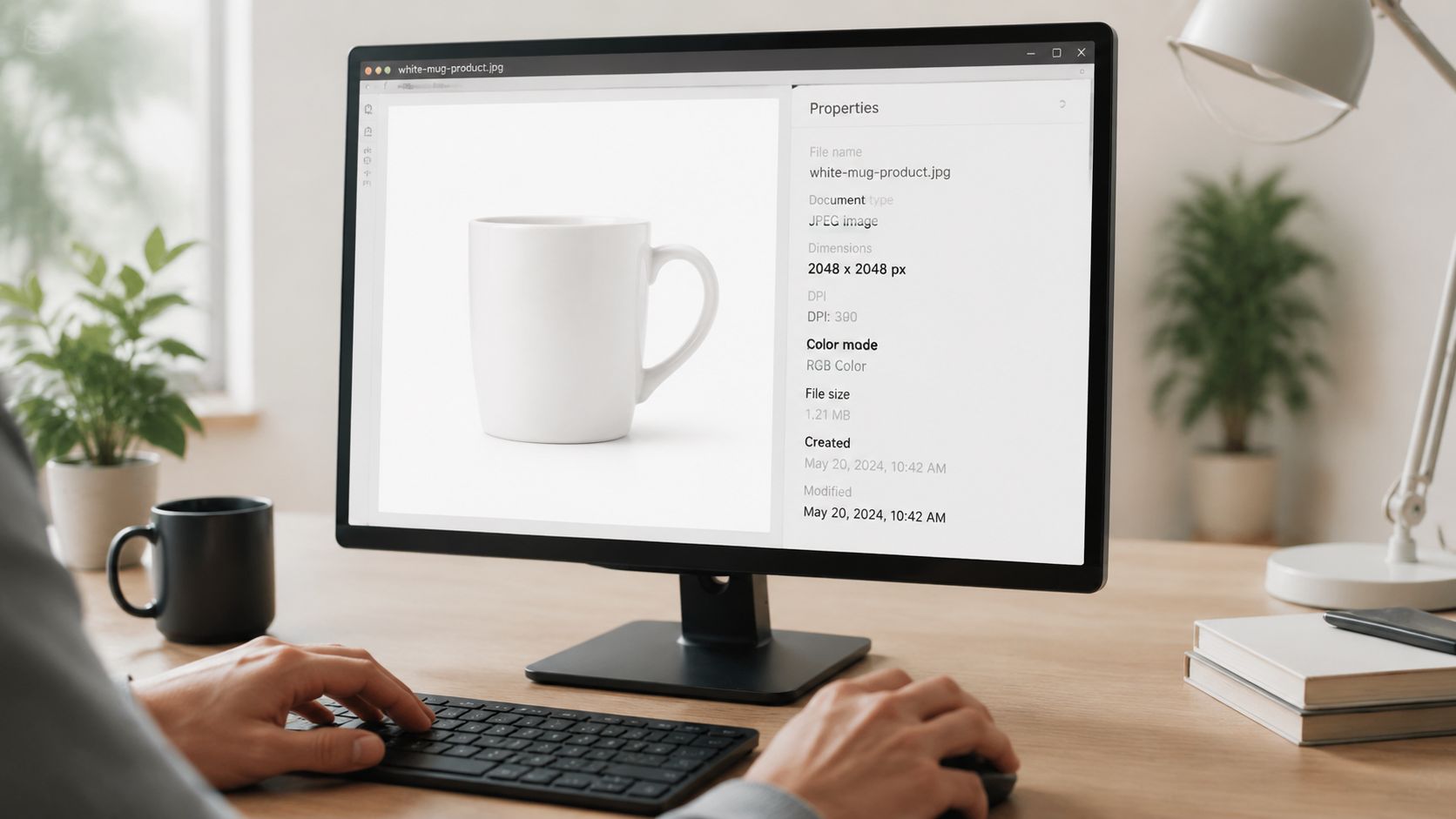 A person using a computer to view the properties and DPI settings of a white mug image file.