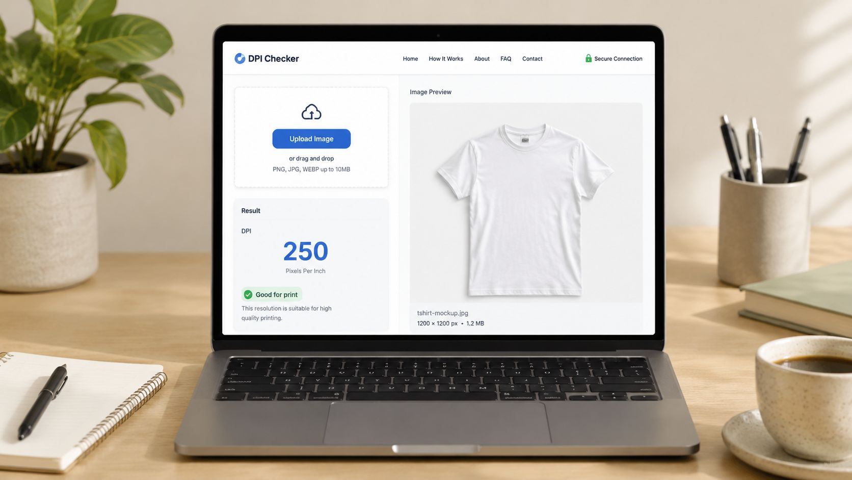 A laptop screen displaying an online DPI checker tool with a white t-shirt mockup image uploaded.