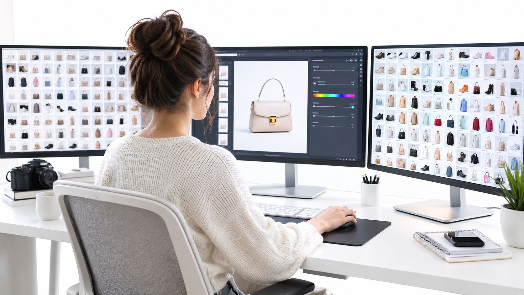 A professional photo editor working on product images of handbags across three computer monitors in a bright studio.
