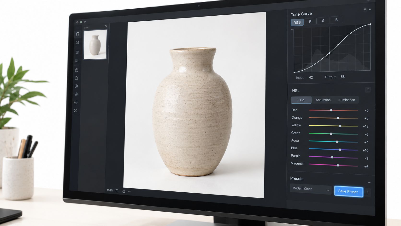 A professional photo editing software interface displaying color correction tools and a ceramic vase on screen.