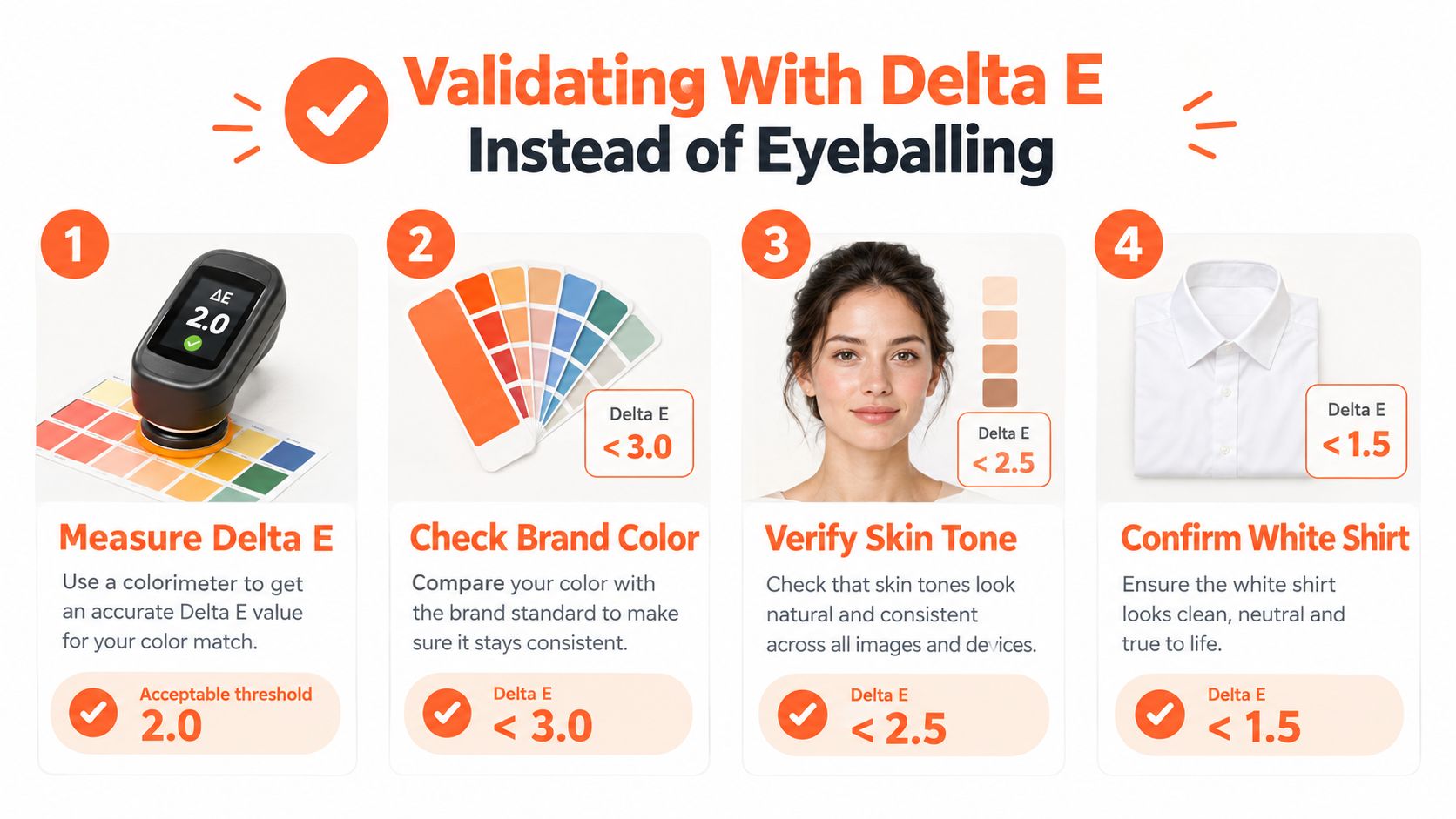 An infographic showing four steps for validating color accuracy using Delta E measurements for consistent color reproduction.